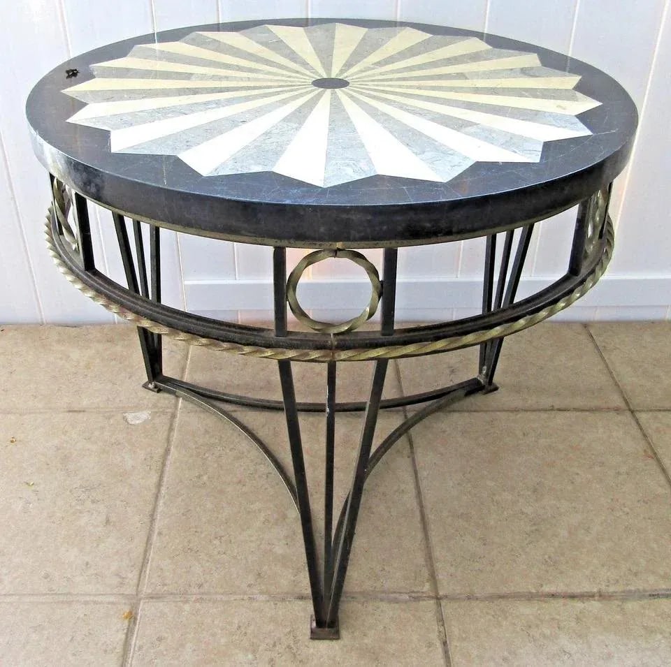 1980s Vintage Hollywood Regency Style Marble Inlay and Iron Accent Side Table Attributed to Maitland - 2