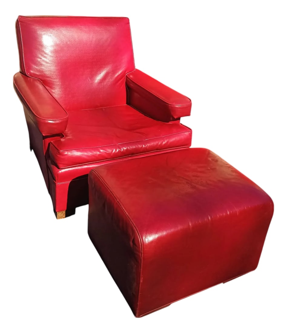 Experience a Timeless Comfort and Craftsmanship With These Vintage Club Chair & Ottoman.: Discover a unique blend of classic design and enduring quality with this striking vintage set. A vibrant red leather club chair by Schewel Furniture Company is perfectly complemented by a matching