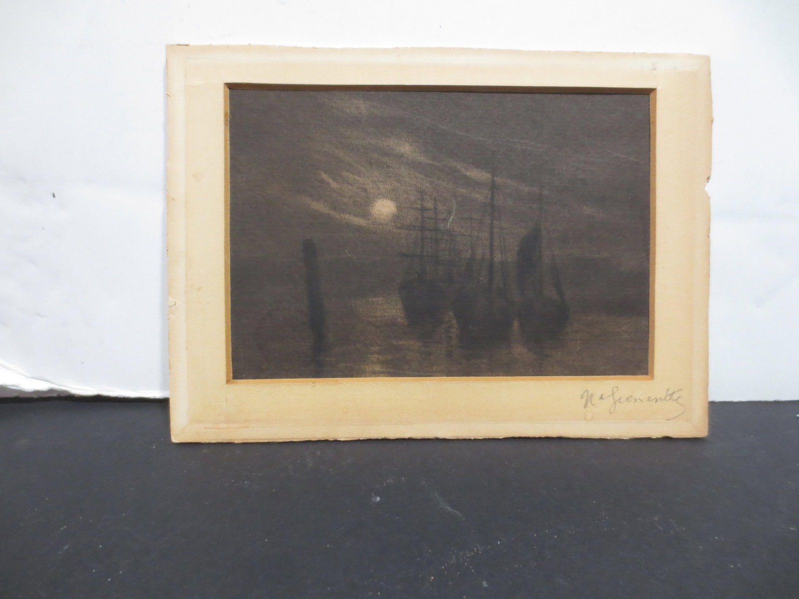 Pencil Drawing of Ships by Night Signed Nafienntle - 2