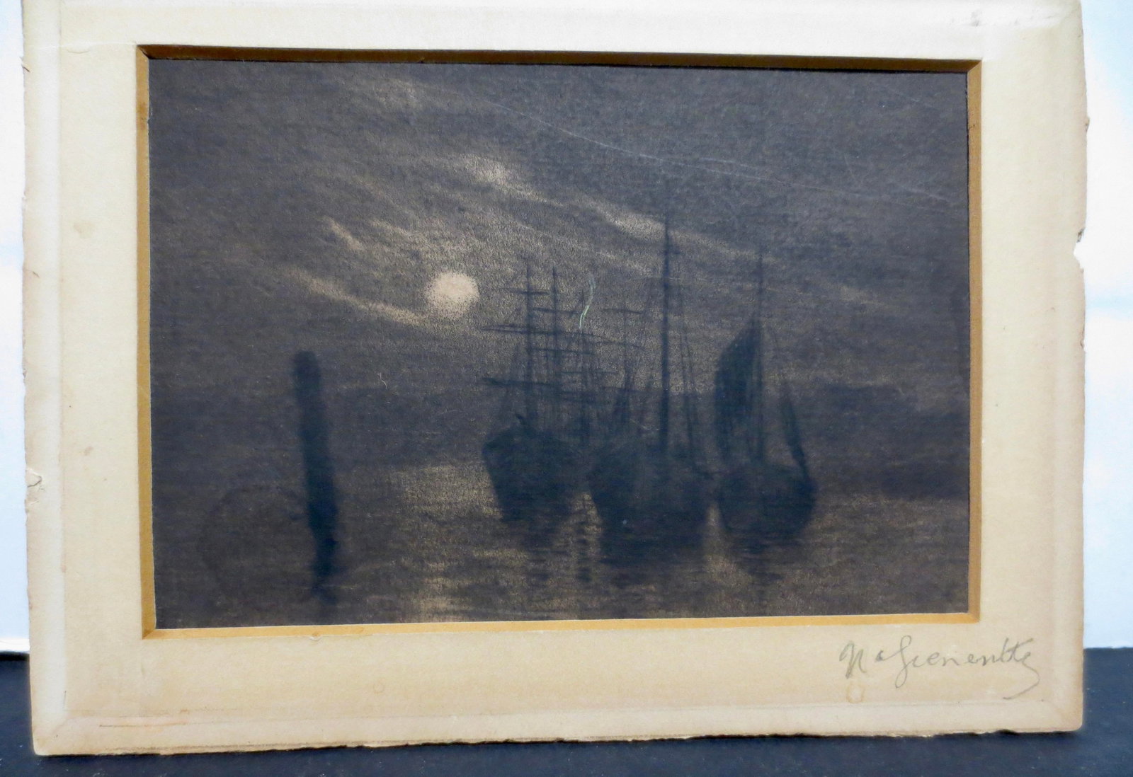 Pencil Drawing of Ships by Night Signed Nafienntle - 3