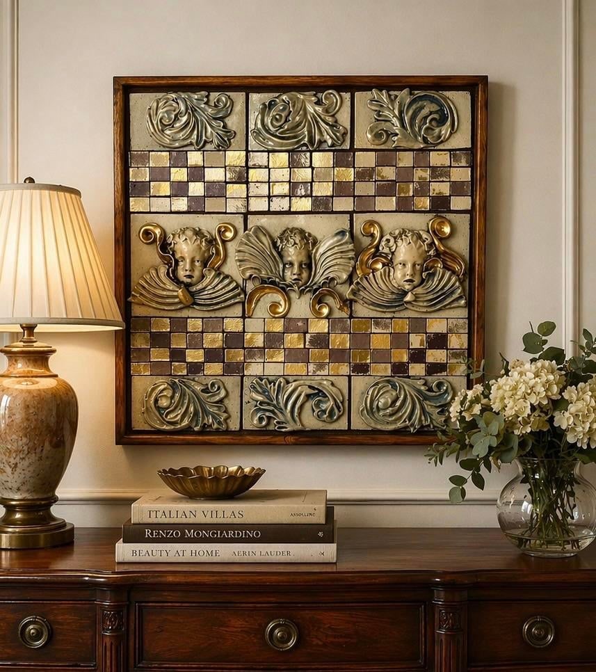 Vintage Italian Cherub Relief Wall Panel - Gilt Mosaic Tile, Hollywood Regency Neoclassical Wall Art - 2