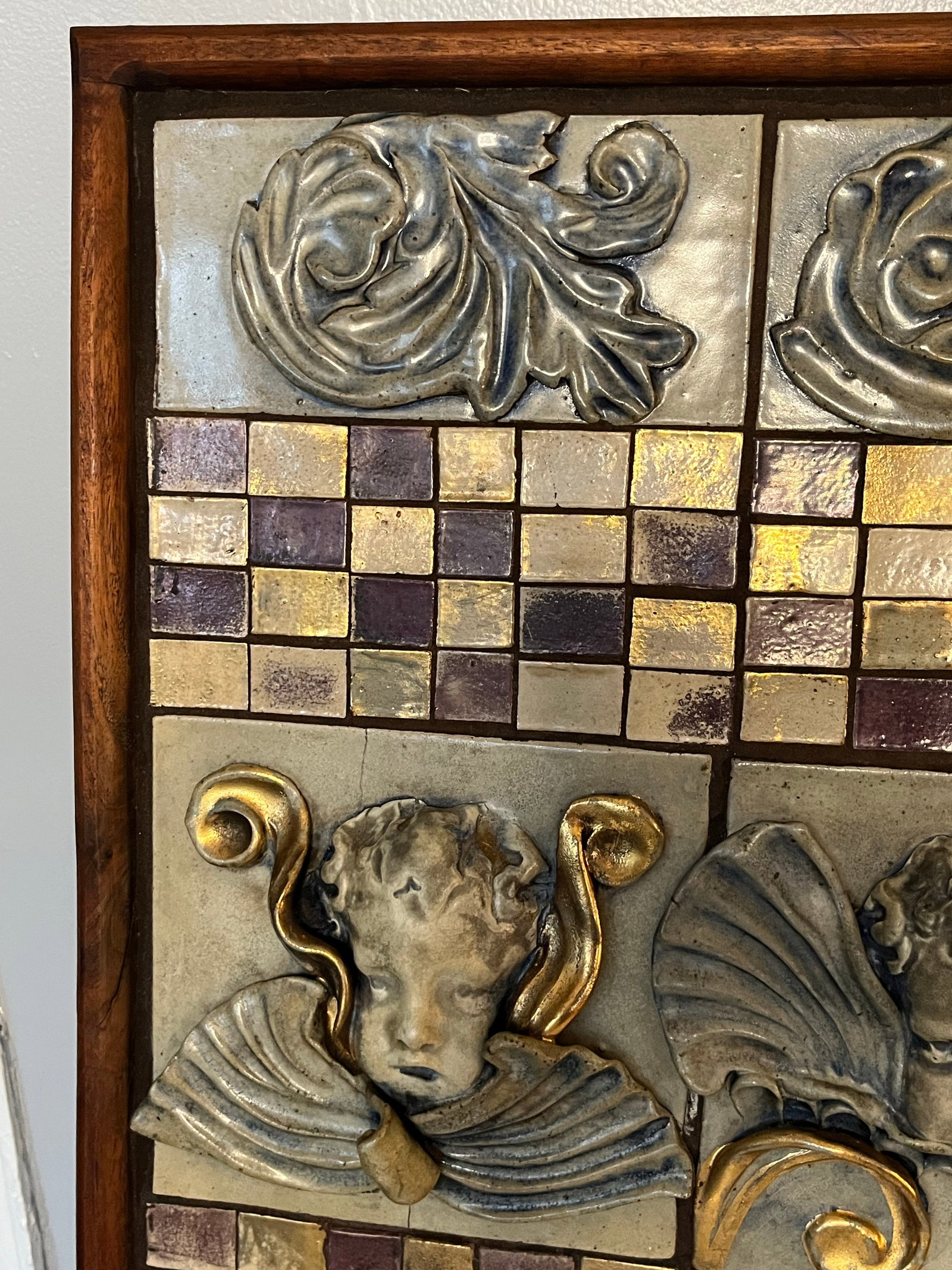 Vintage Italian Cherub Relief Wall Panel - Gilt Mosaic Tile, Hollywood Regency Neoclassical Wall Art - 3