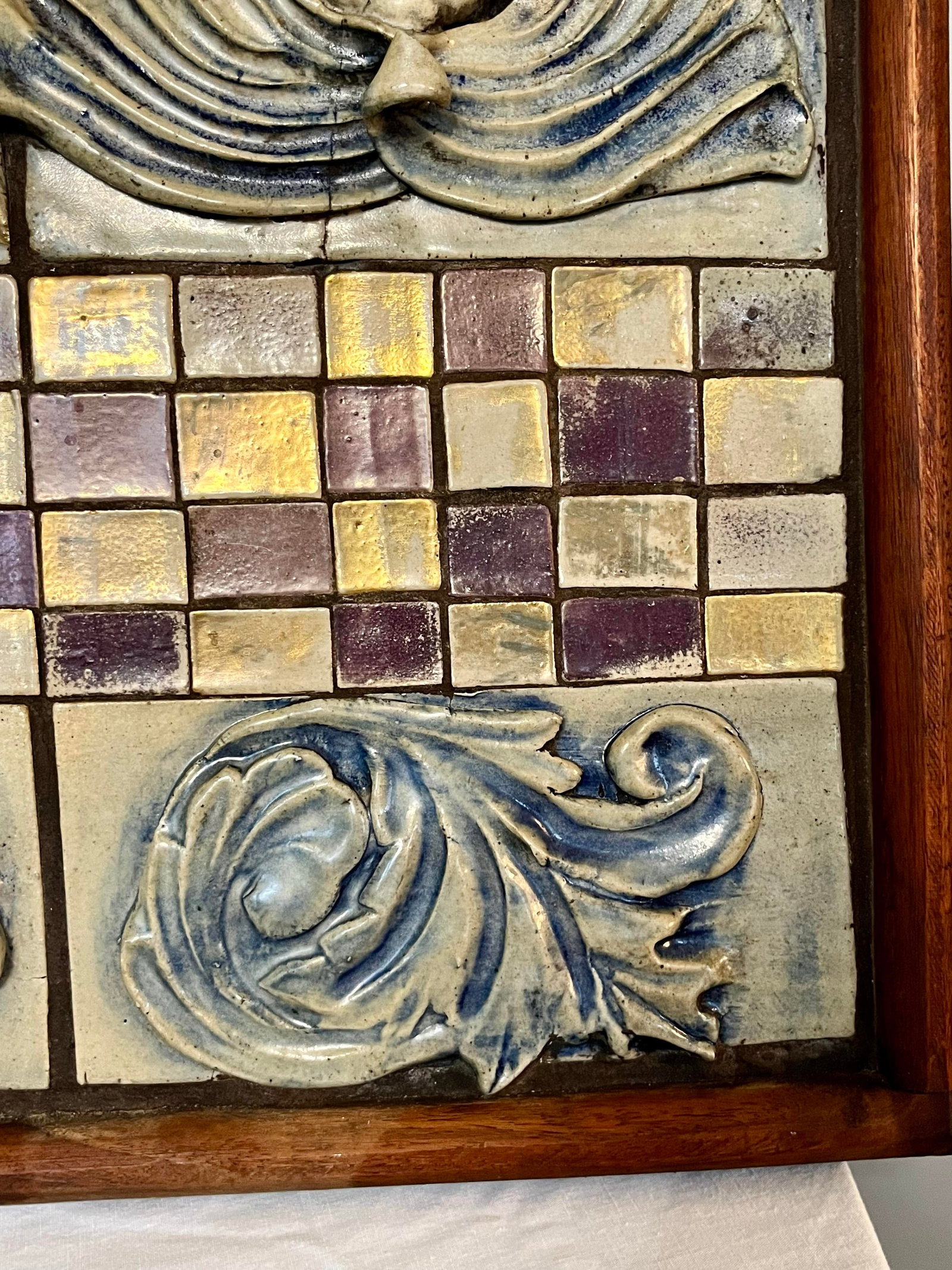 Vintage Italian Cherub Relief Wall Panel - Gilt Mosaic Tile, Hollywood Regency Neoclassical Wall Art - 6