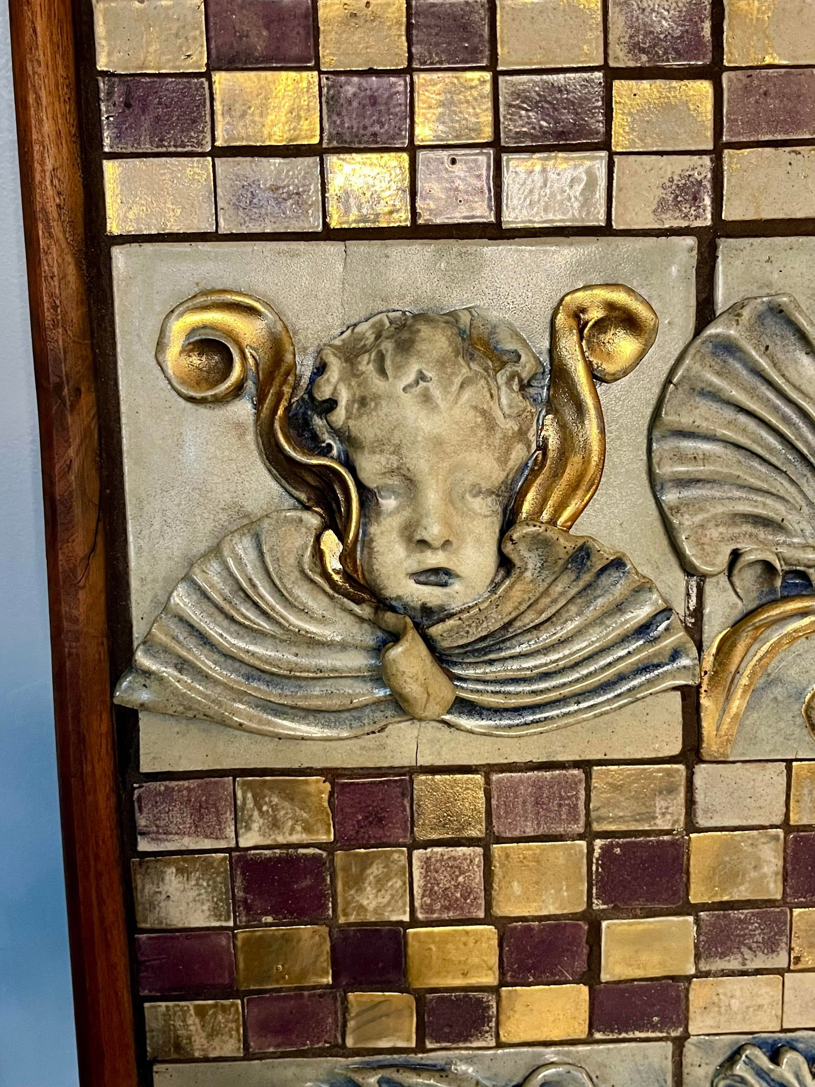 Vintage Italian Cherub Relief Wall Panel - Gilt Mosaic Tile, Hollywood Regency Neoclassical Wall Art - 7