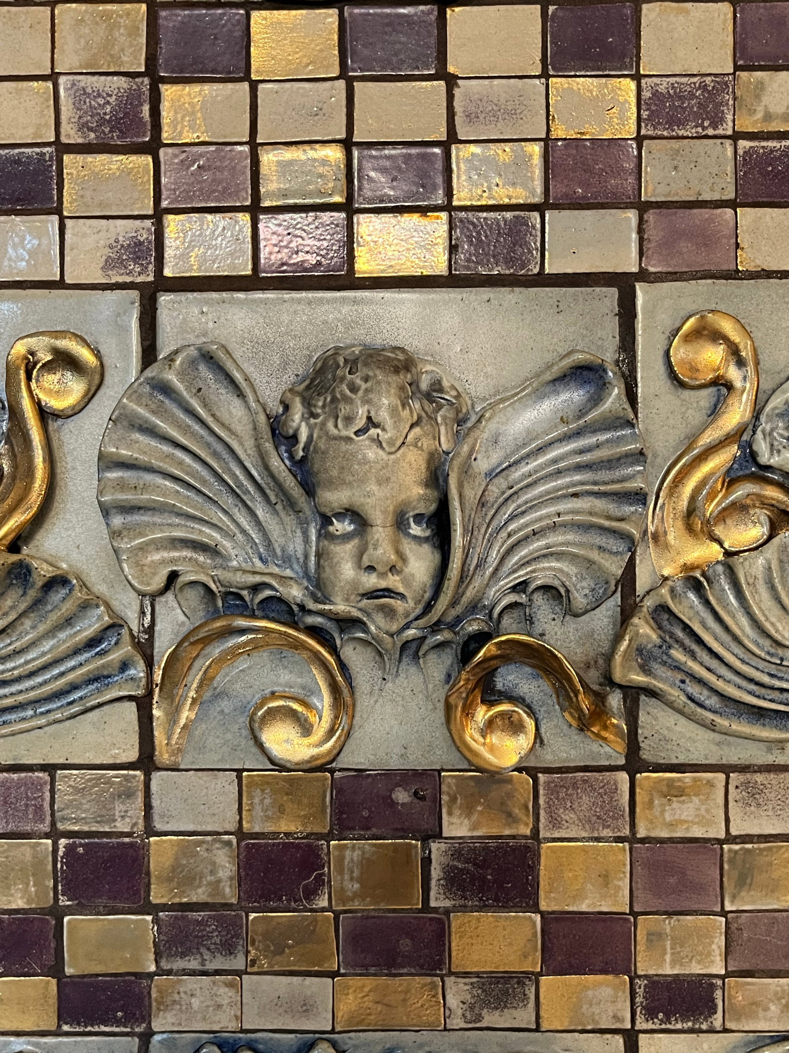 Vintage Italian Cherub Relief Wall Panel - Gilt Mosaic Tile, Hollywood Regency Neoclassical Wall Art - 8