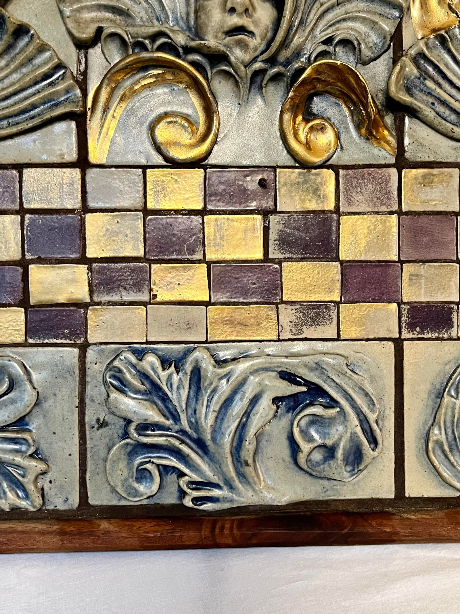 Vintage Italian Cherub Relief Wall Panel - Gilt Mosaic Tile, Hollywood Regency Neoclassical Wall Art - 9