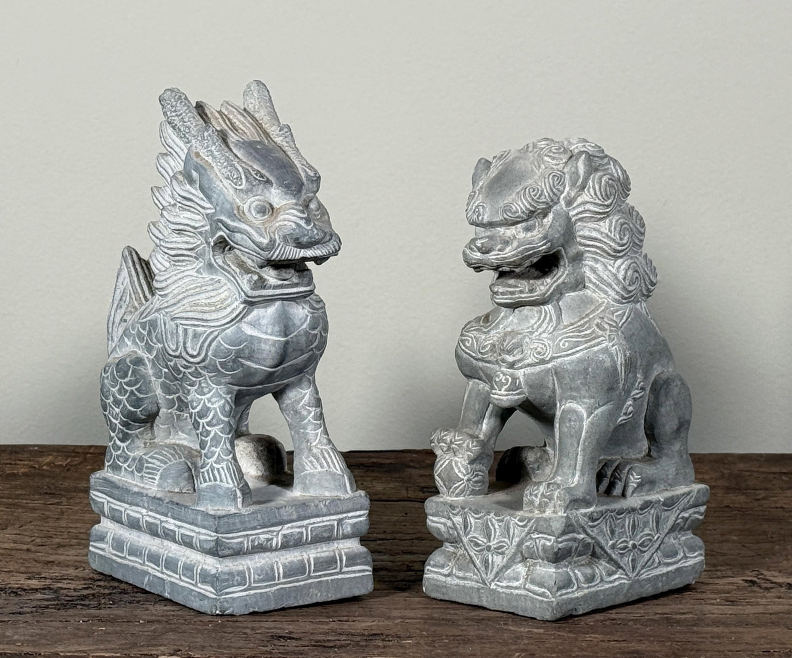 Chinese Stone Guardian Lions Foo Dogs Temple Sculptures - A Pair - 2