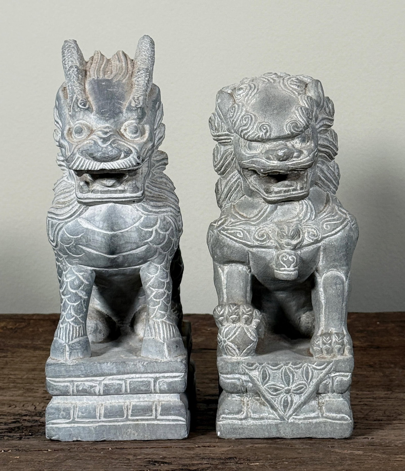 Chinese Stone Guardian Lions Foo Dogs Temple Sculptures - A Pair - 4