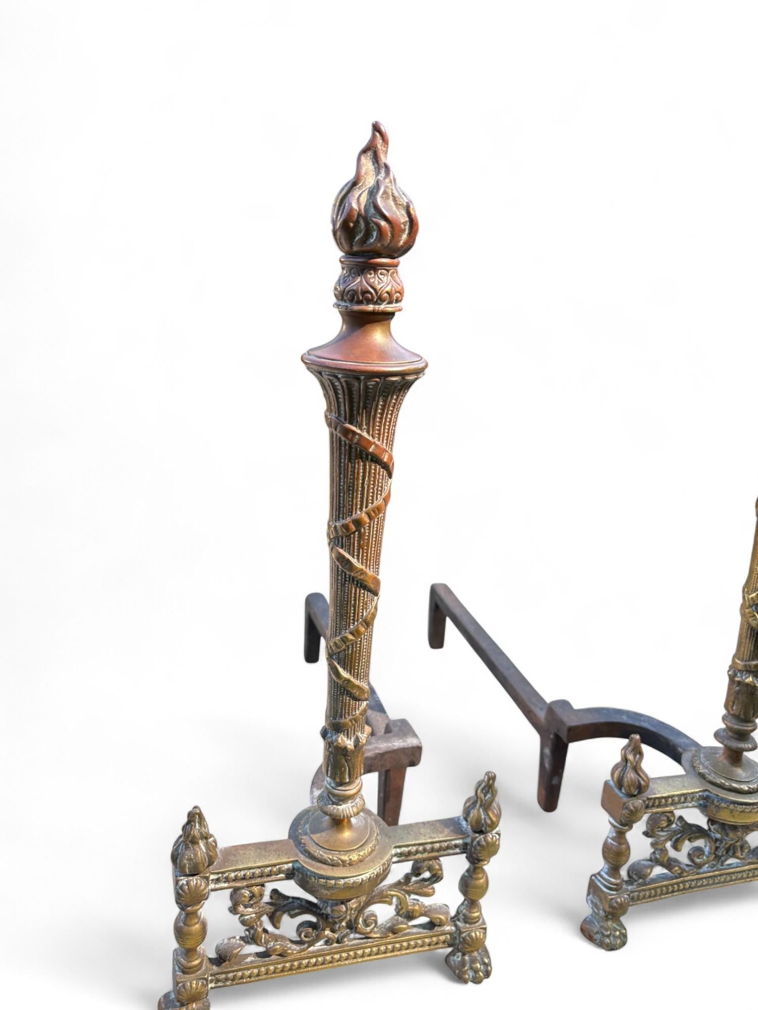 Andirons Louis XVI Style Flame Torch Antique Brass a Pair - 2