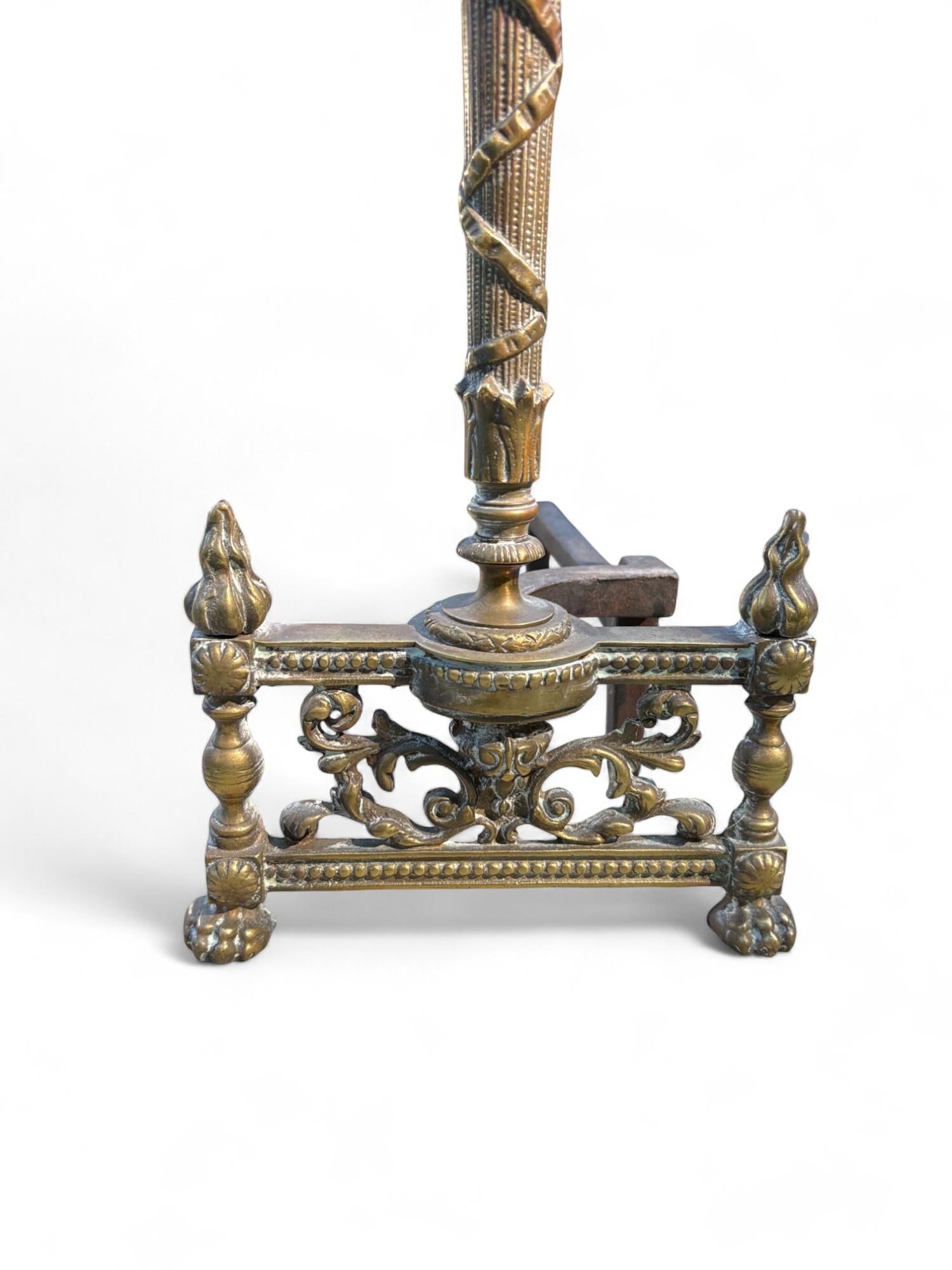 Andirons Louis XVI Style Flame Torch Antique Brass a Pair - 4
