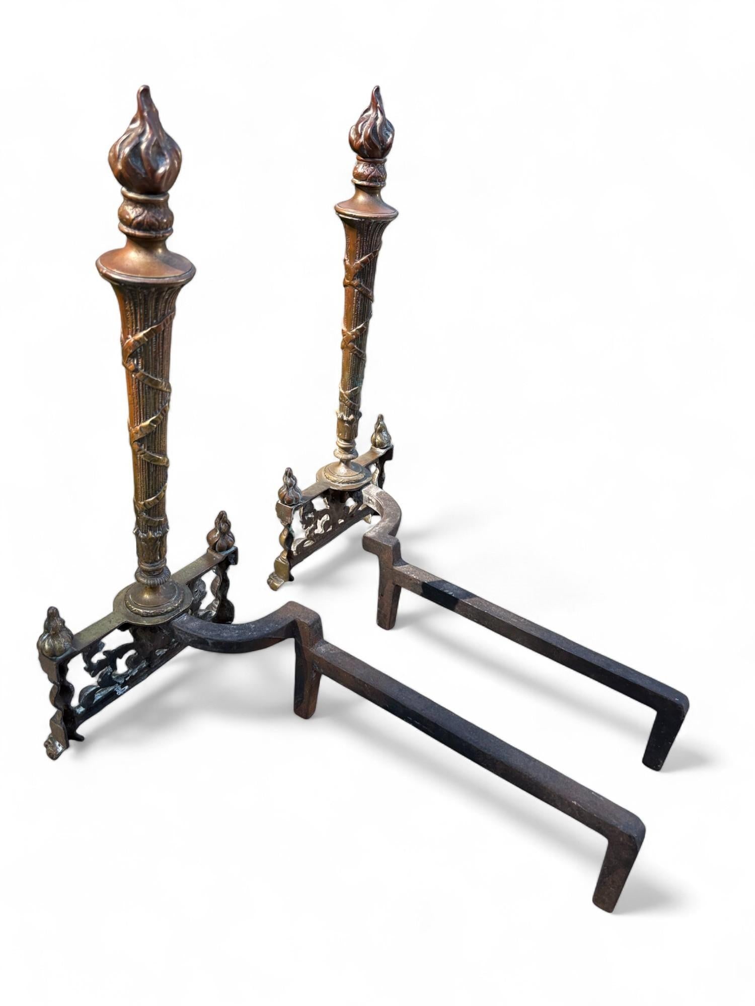 Andirons Louis XVI Style Flame Torch Antique Brass a Pair - 7