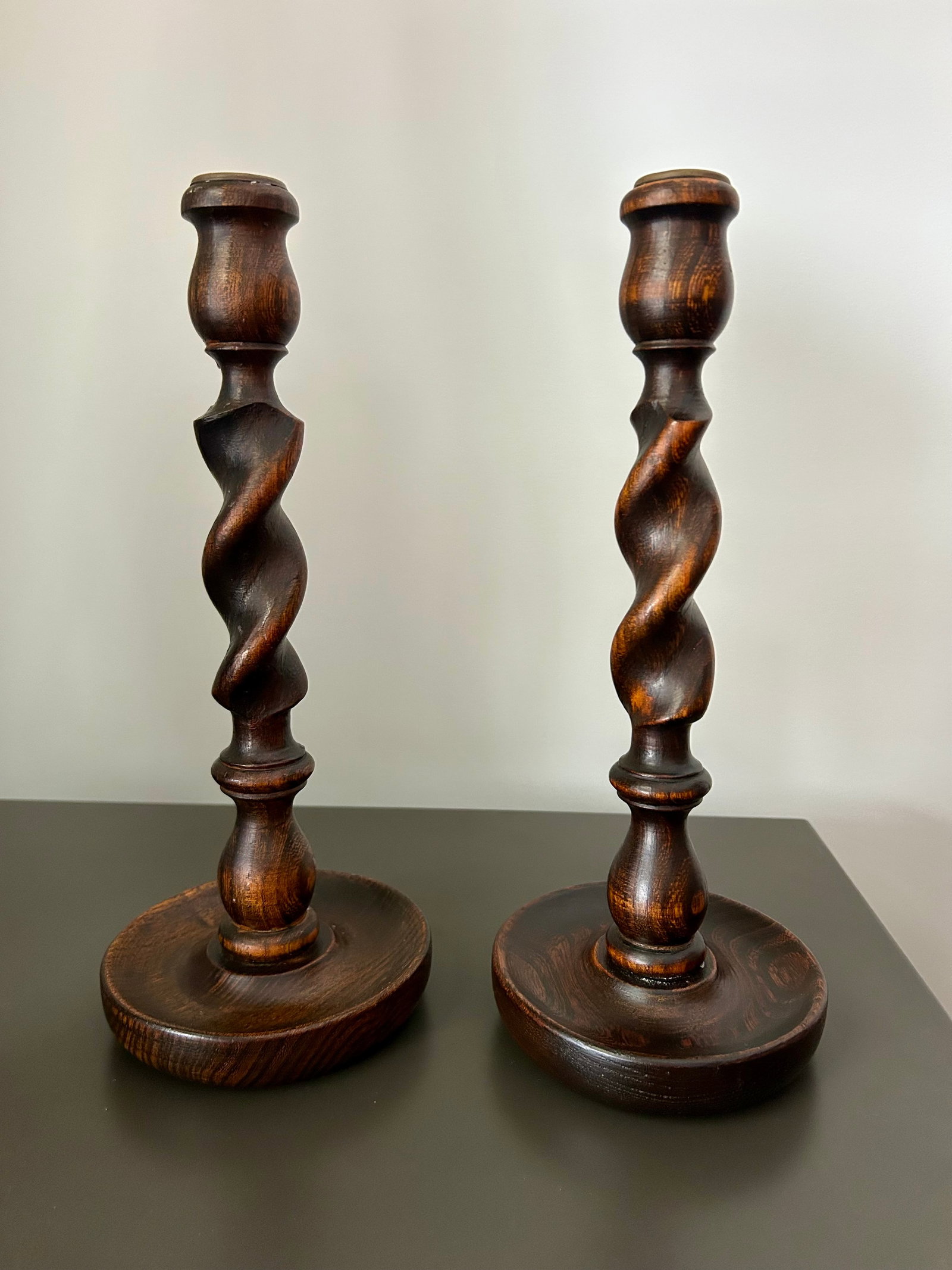 Vintage Pair English Oak Barley Twist Candlesticks - Pair of Antique Wooden Candle Holders - 2