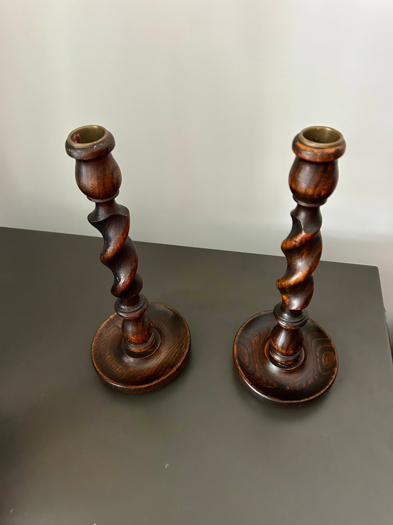 Vintage Pair English Oak Barley Twist Candlesticks - Pair of Antique Wooden Candle Holders - 3