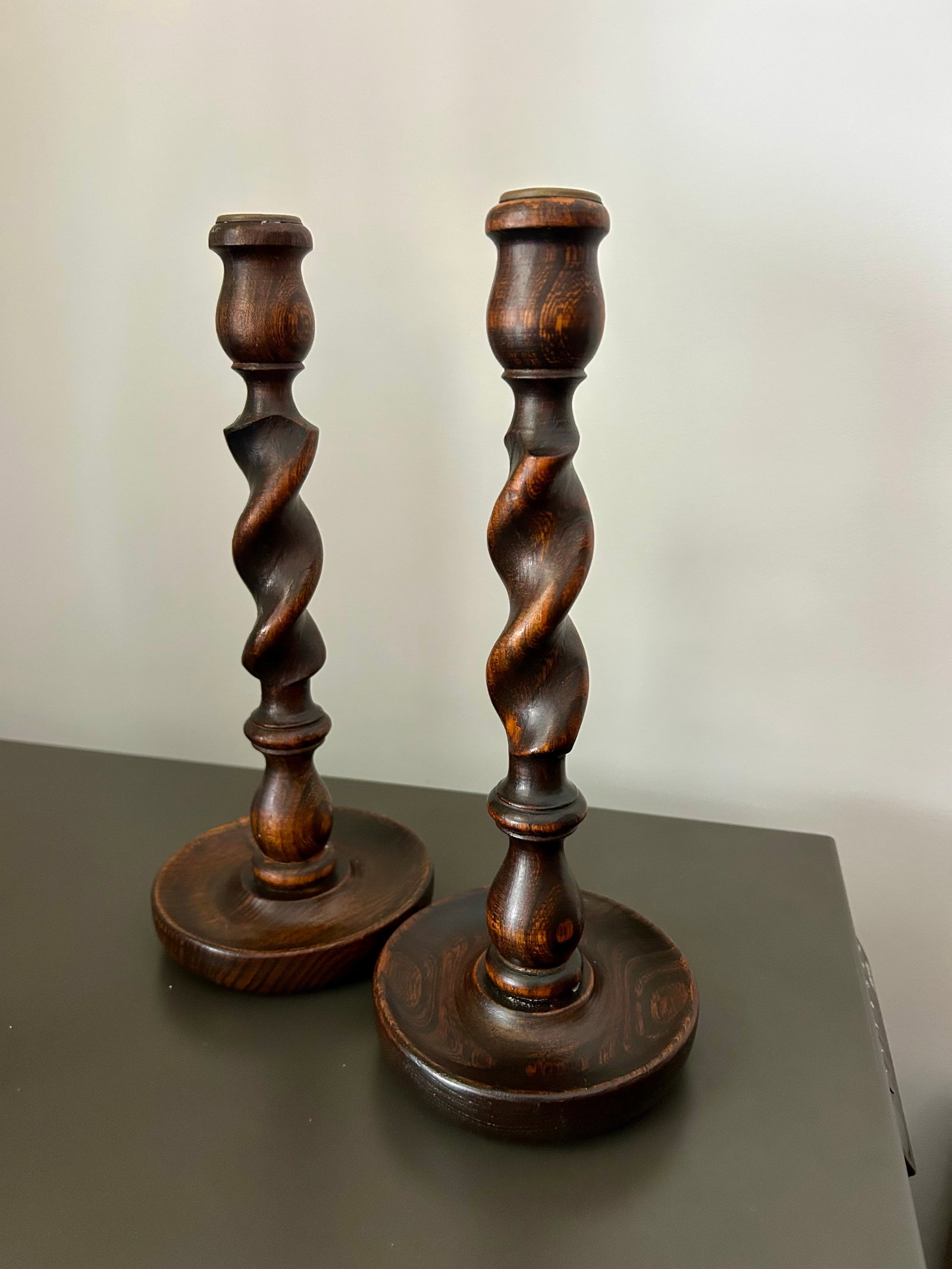 Vintage Pair English Oak Barley Twist Candlesticks - Pair of Antique Wooden Candle Holders - 4