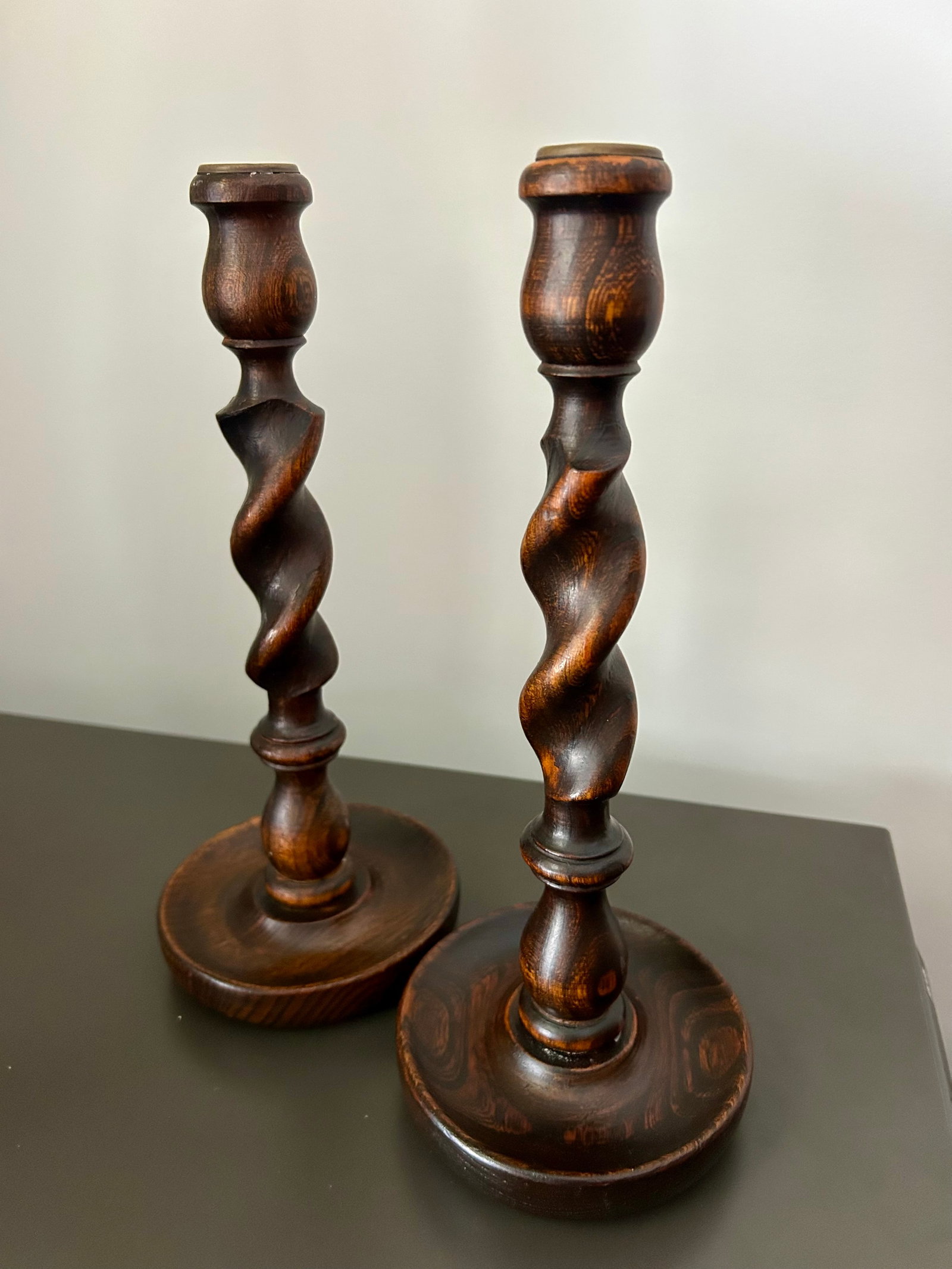 Vintage Pair English Oak Barley Twist Candlesticks - Pair of Antique Wooden Candle Holders - 5