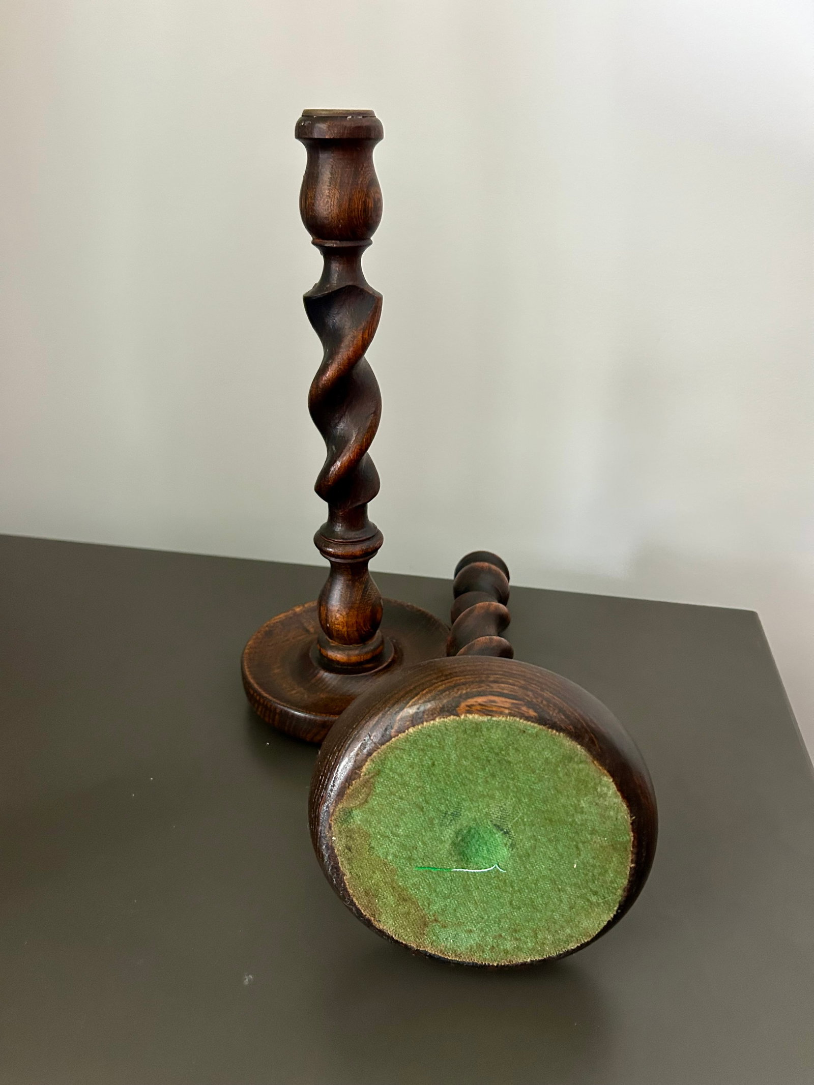 Vintage Pair English Oak Barley Twist Candlesticks - Pair of Antique Wooden Candle Holders - 6