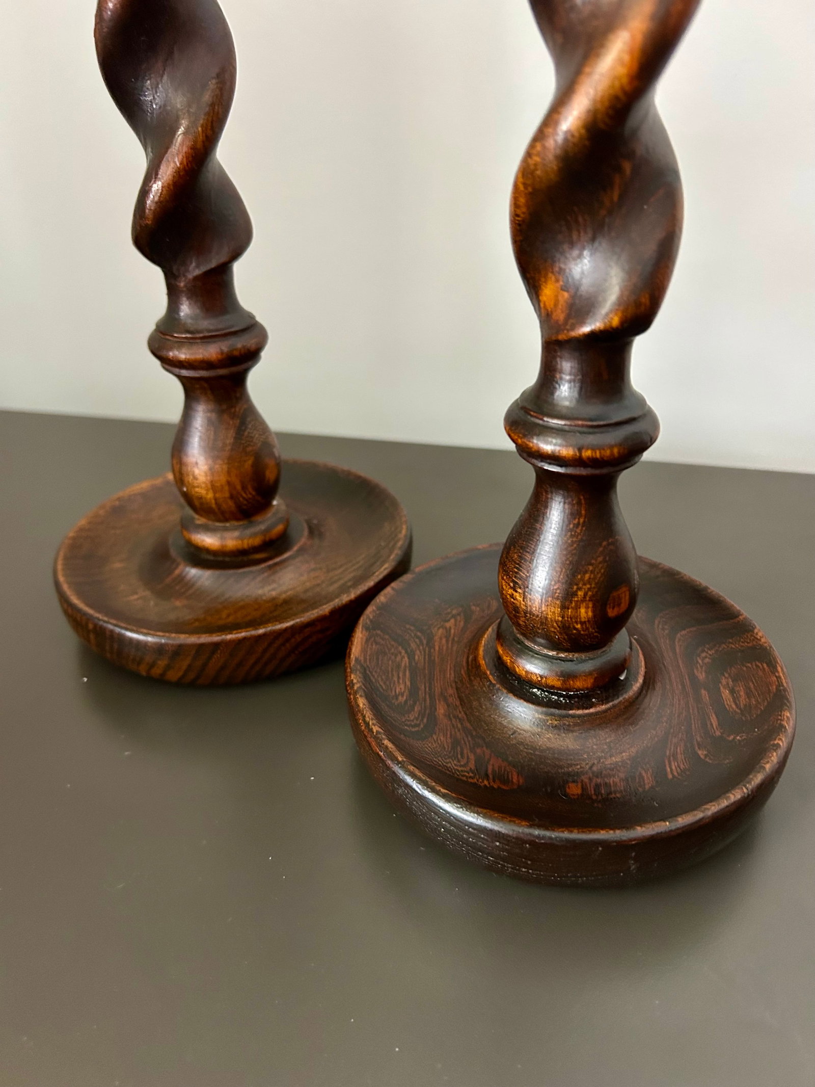 Vintage Pair English Oak Barley Twist Candlesticks - Pair of Antique Wooden Candle Holders - 7