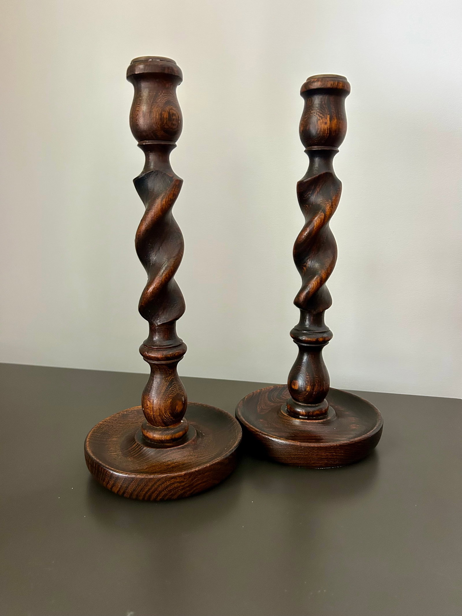 Vintage Pair English Oak Barley Twist Candlesticks - Pair of Antique Wooden Candle Holders - 8