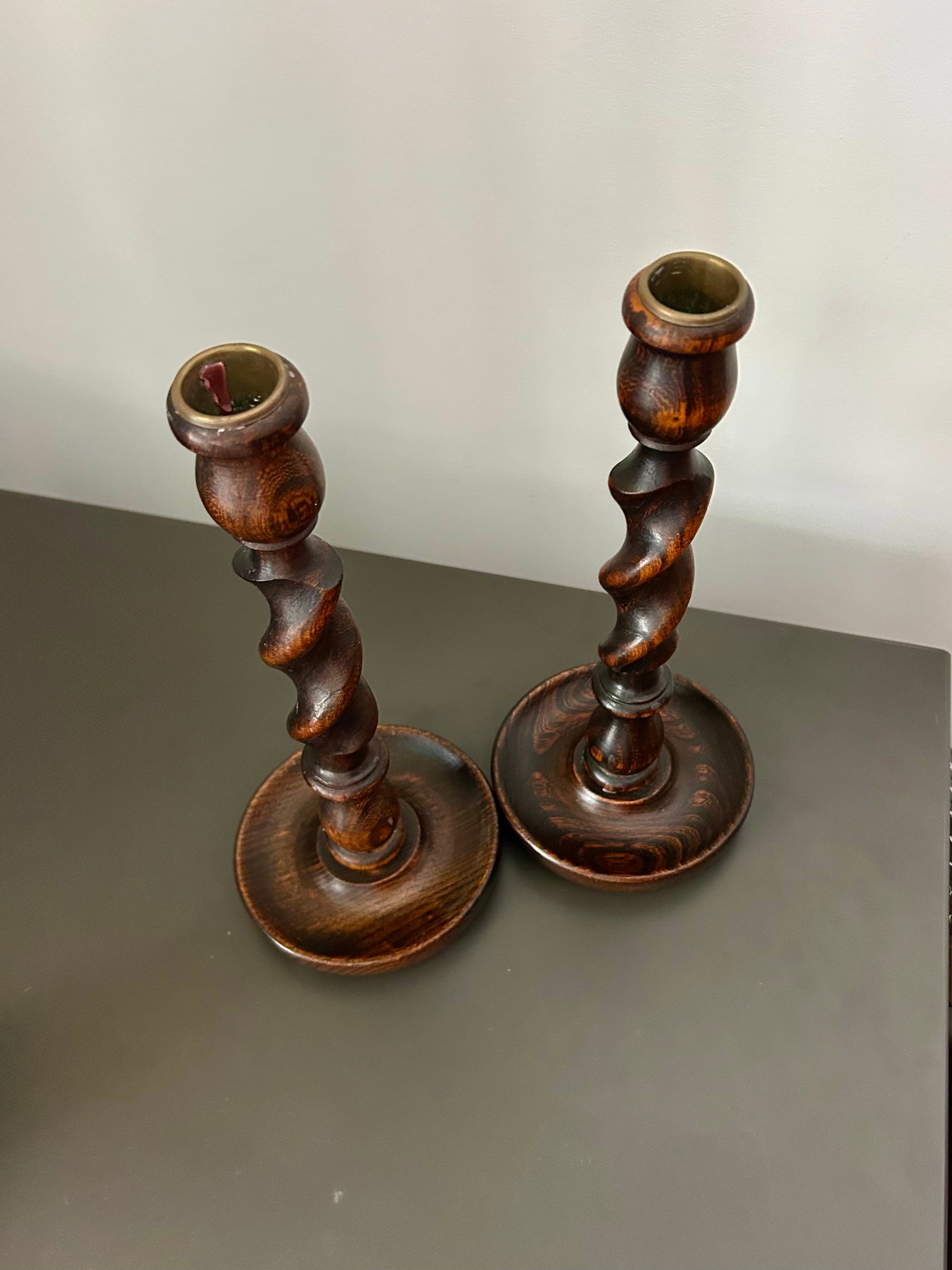 Vintage Pair English Oak Barley Twist Candlesticks - Pair of Antique Wooden Candle Holders - 9