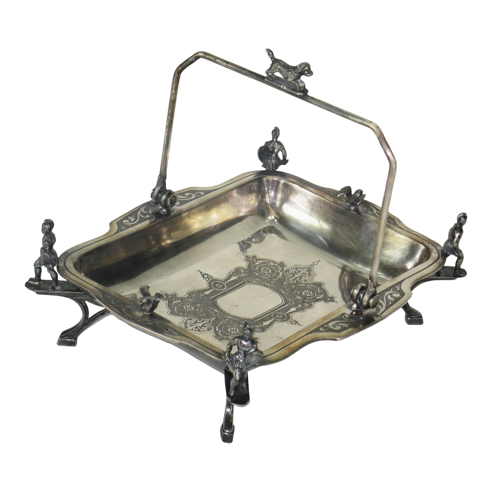 Silver-Plated Cake Basket With Soldiers & Hunt Motifs Wilcox Silverplate Co., Late 19th Century: Silver-Plated Cake Basket with Soldiers and Hunt Motifs Has the mark of Wilcox Silverplate Co., second half of 19th century, pattern number 831, featuring Roman soldiers to each corner, a swing