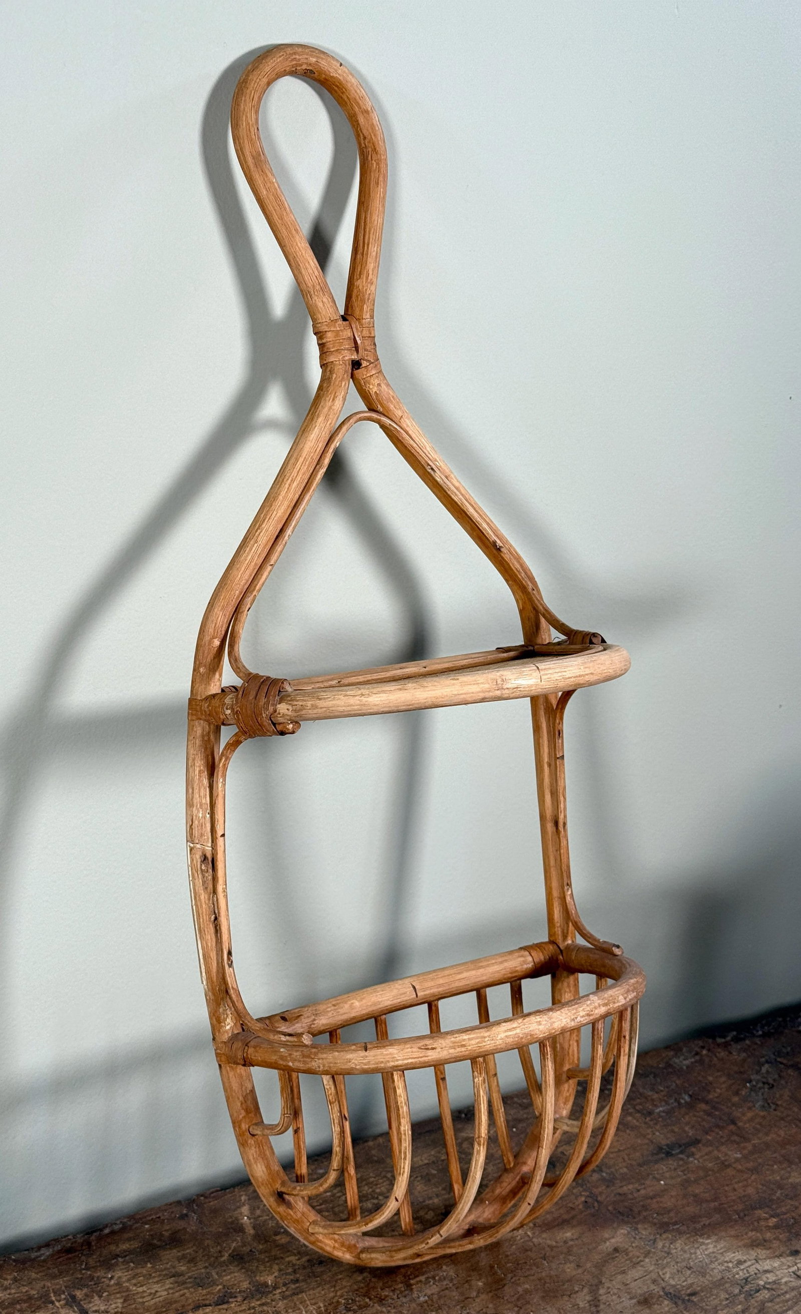 Vintage BoHo Mid Century Rattan Entry Wall Shelf W/ Hanging Basket Storage - 2