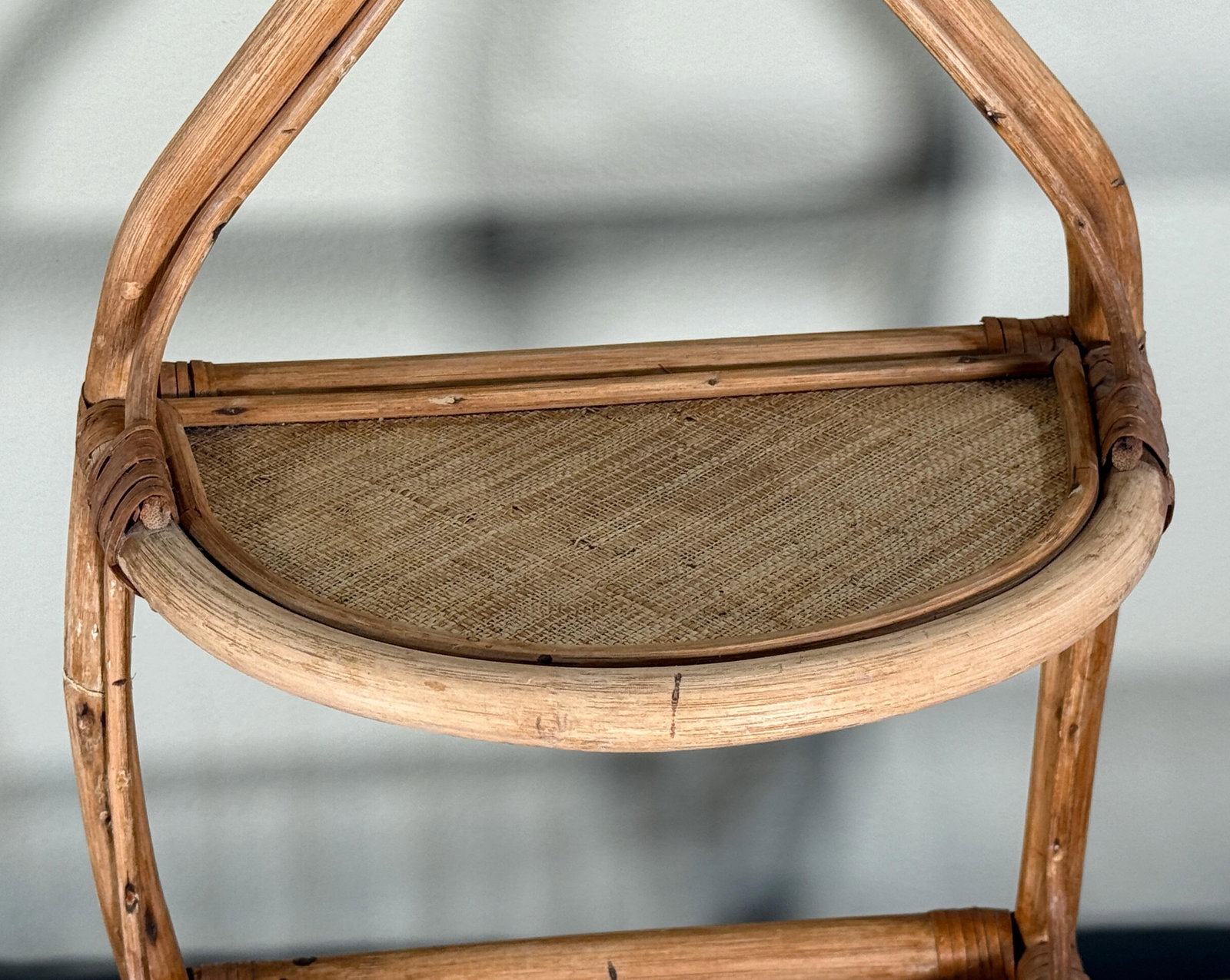 Vintage BoHo Mid Century Rattan Entry Wall Shelf W/ Hanging Basket Storage - 3