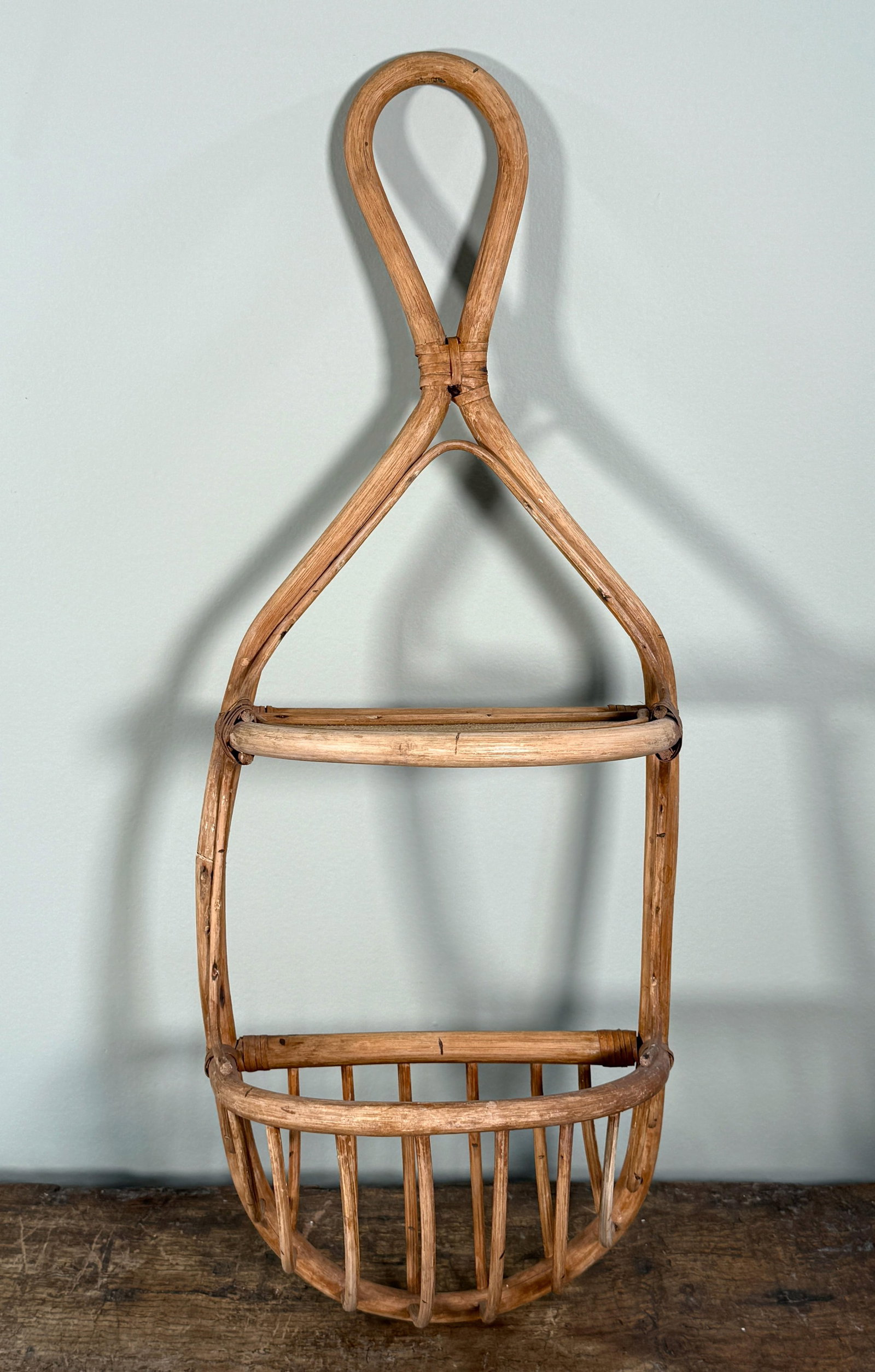 Vintage BoHo Mid Century Rattan Entry Wall Shelf W/ Hanging Basket Storage - 4