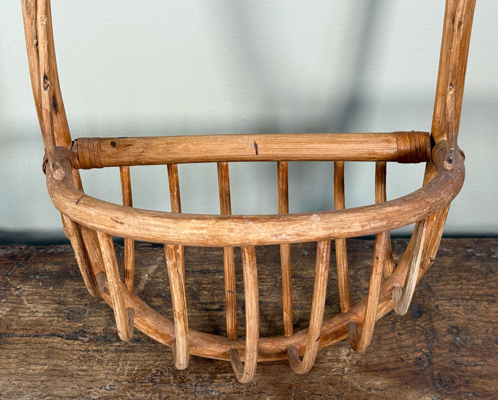 Vintage BoHo Mid Century Rattan Entry Wall Shelf W/ Hanging Basket Storage - 5