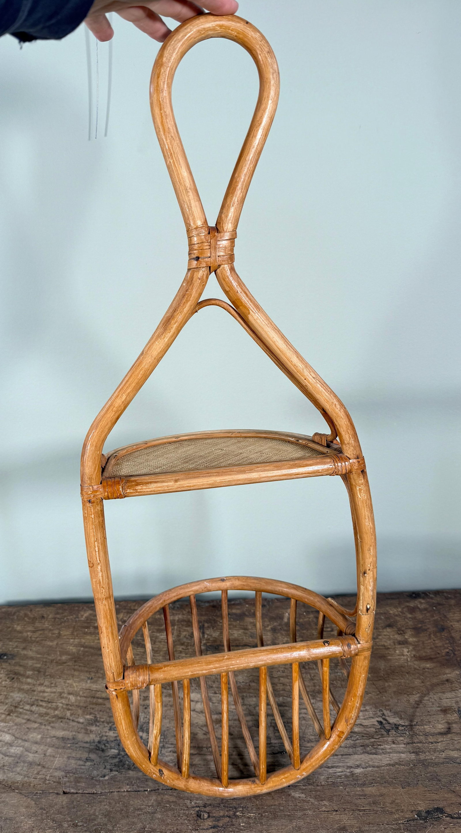 Vintage BoHo Mid Century Rattan Entry Wall Shelf W/ Hanging Basket Storage - 7