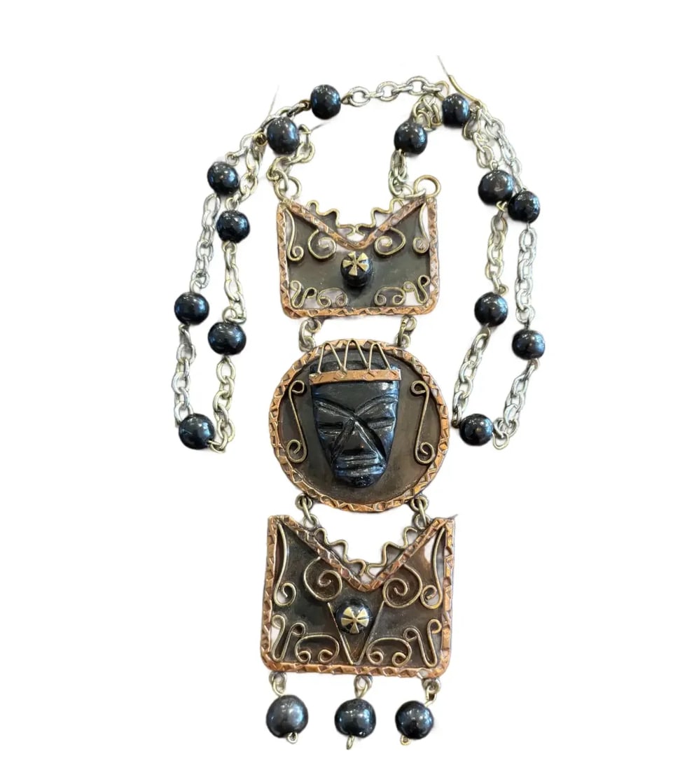 Vintage Aztec Carved Black Onyx, Brass, and Copper Necklace - 5