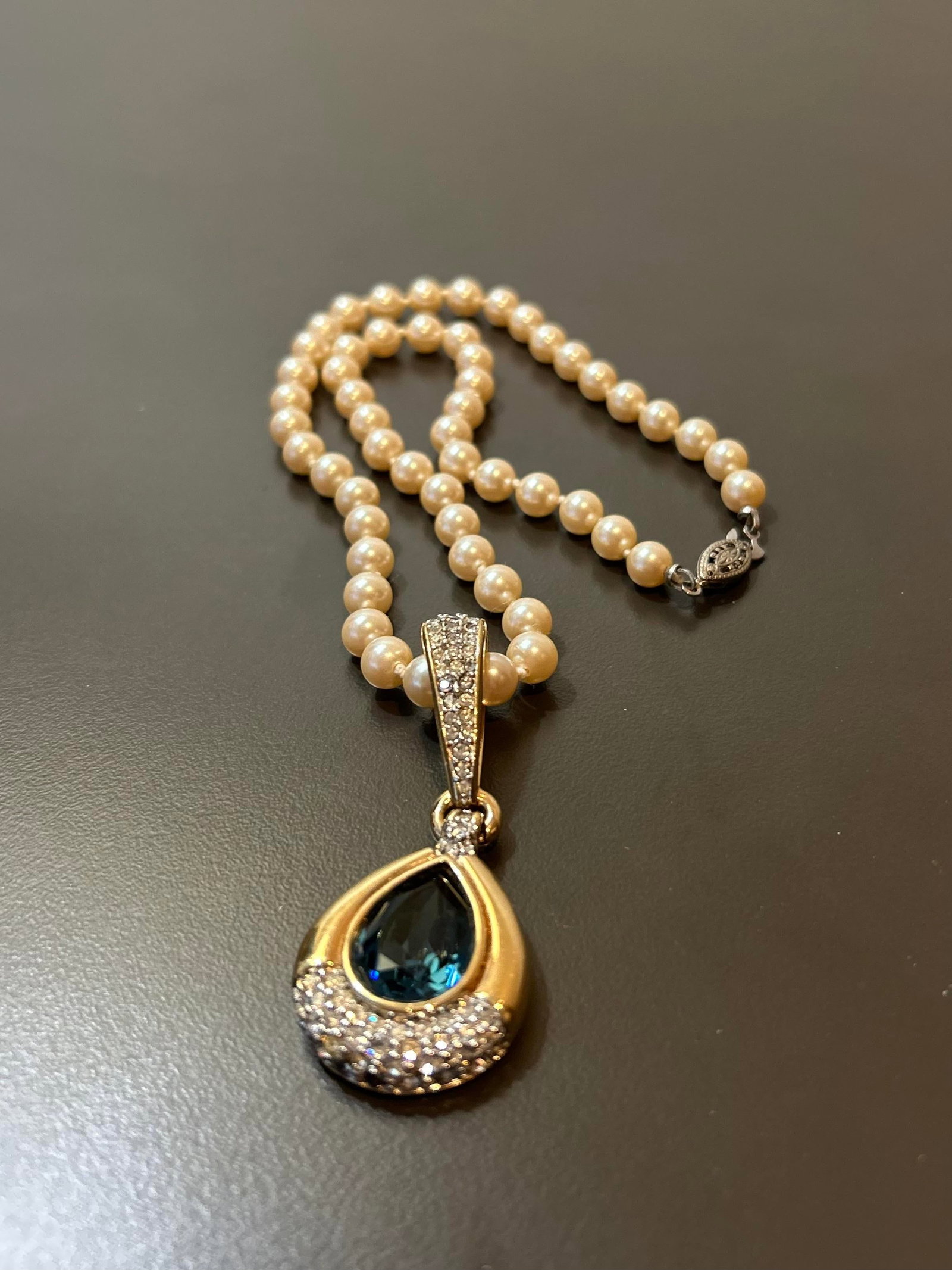 Vintage Swarovski Faux Pearl Necklace With Blue Crystal Enhancer Pendant - Blue Teardrop Crystal and - 2