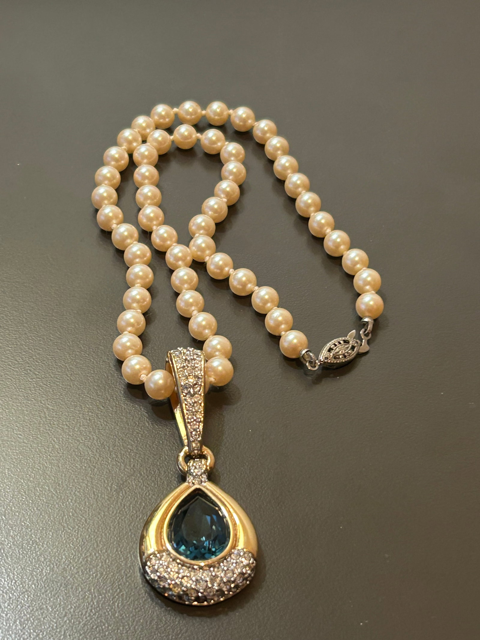 Vintage Swarovski Faux Pearl Necklace With Blue Crystal Enhancer Pendant - Blue Teardrop Crystal and - 3