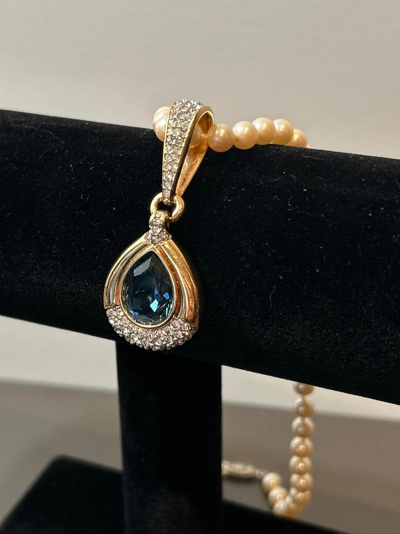 Vintage Swarovski Faux Pearl Necklace With Blue Crystal Enhancer Pendant - Blue Teardrop Crystal and - 4