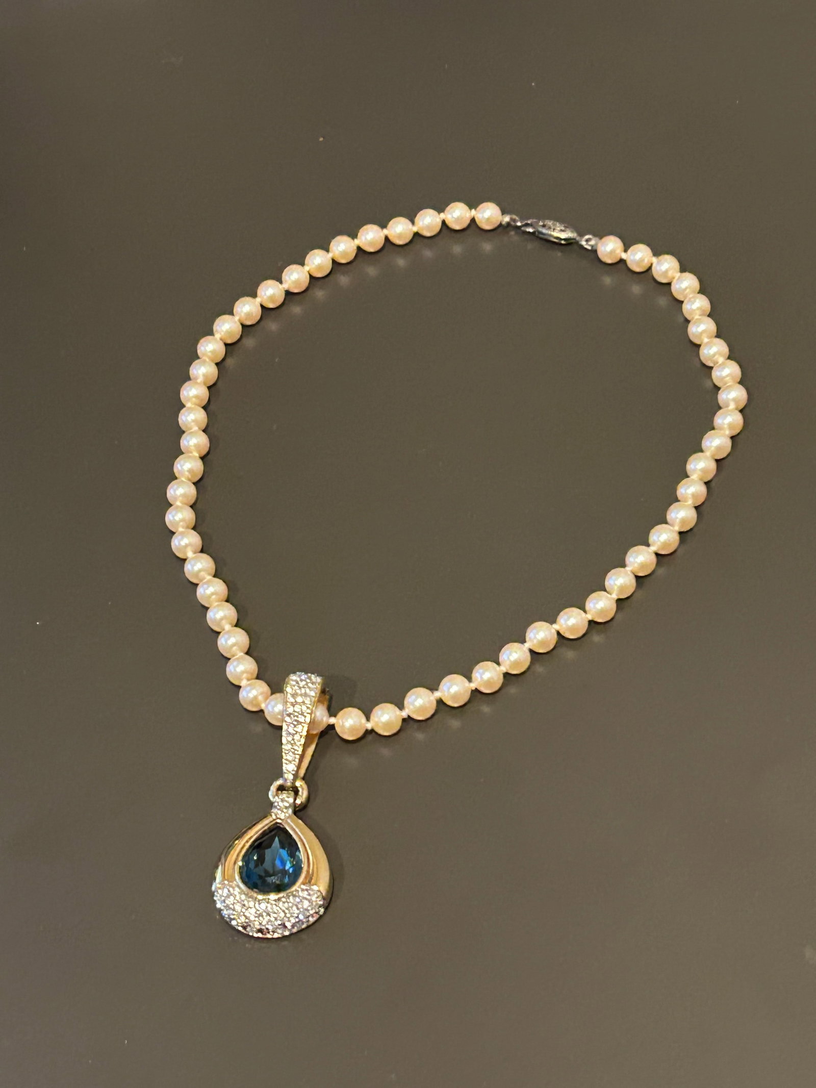 Vintage Swarovski Faux Pearl Necklace With Blue Crystal Enhancer Pendant - Blue Teardrop Crystal and - 6