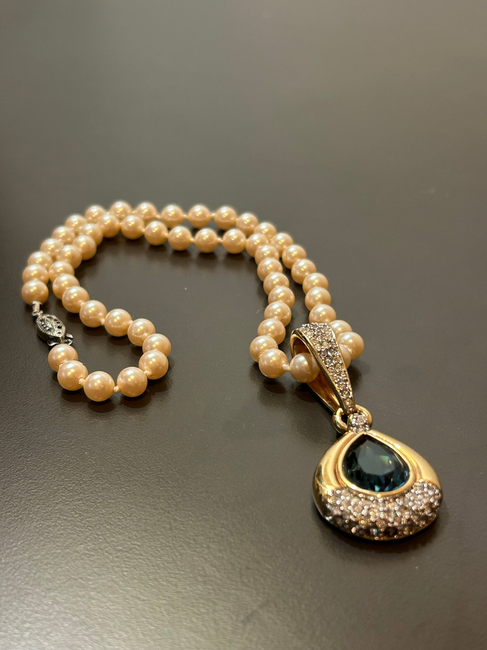 Vintage Swarovski Faux Pearl Necklace With Blue Crystal Enhancer Pendant - Blue Teardrop Crystal and - 8