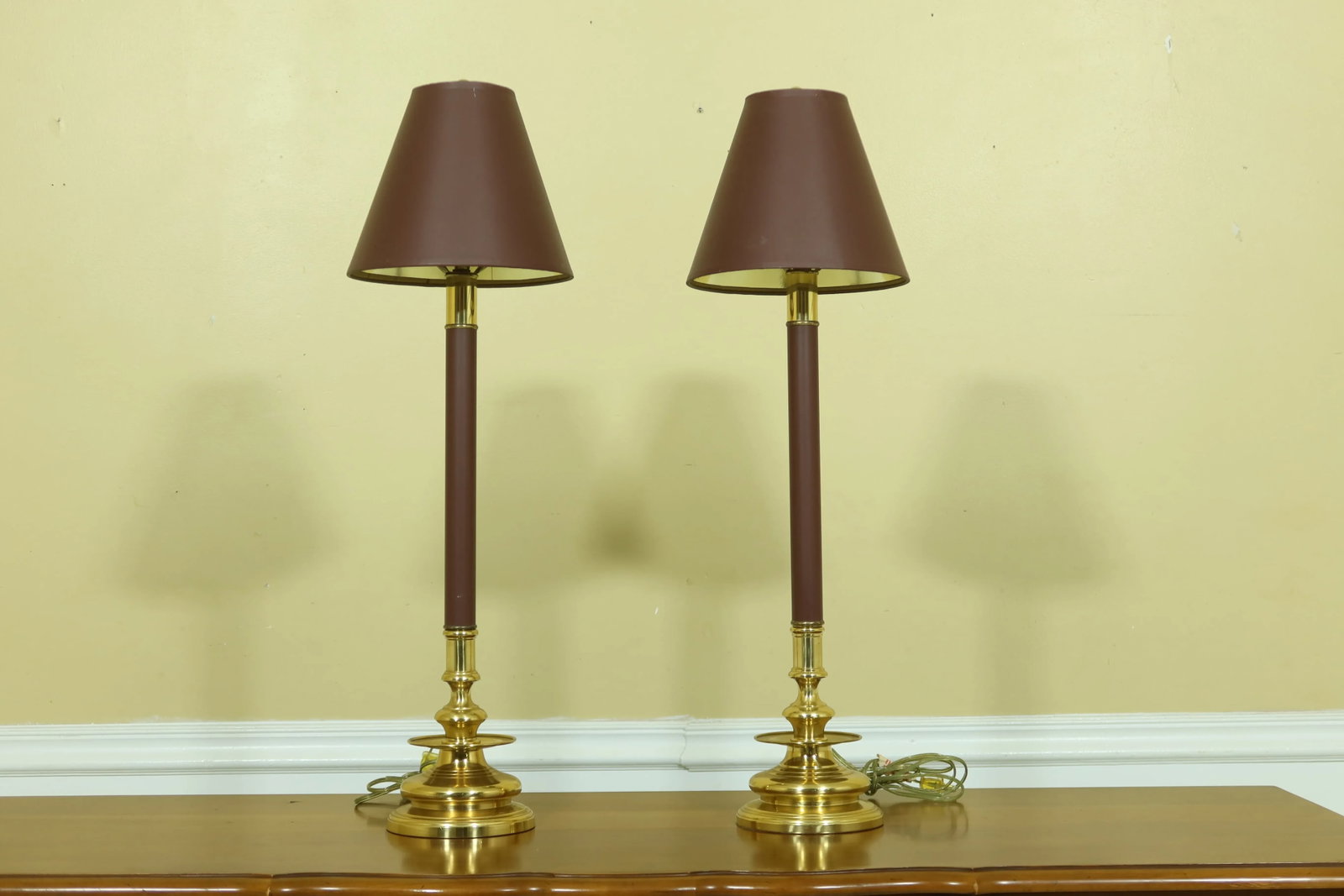 Brass Base Tall Table Lamps W. Shades - a Pair - 6