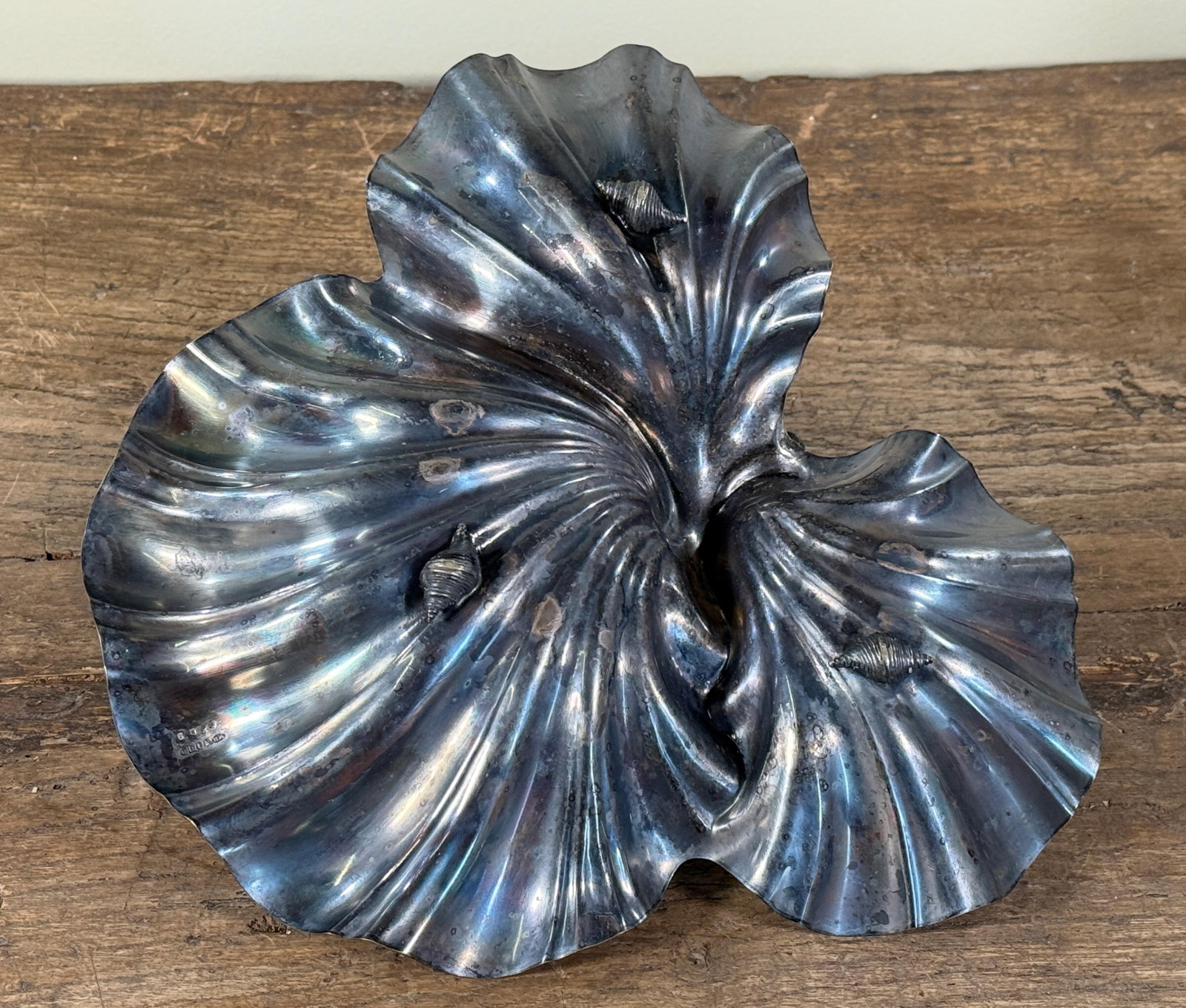 Antique Coastal Silverplate Shell Platter With Sculptural Nautical Coral Handle - 7