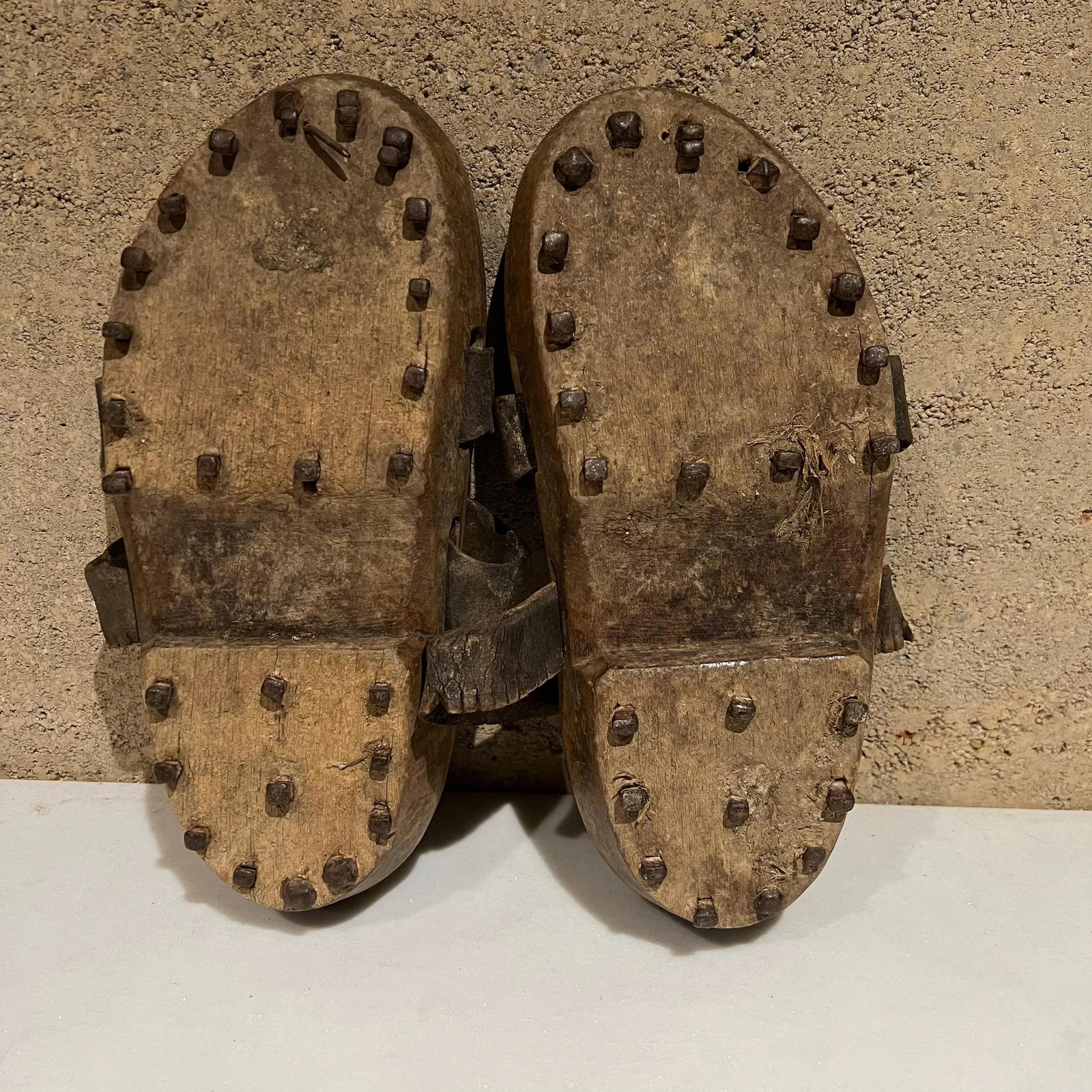 Antique Asian Decorative Japanese Shoes Leather Wood Open Toe - 6