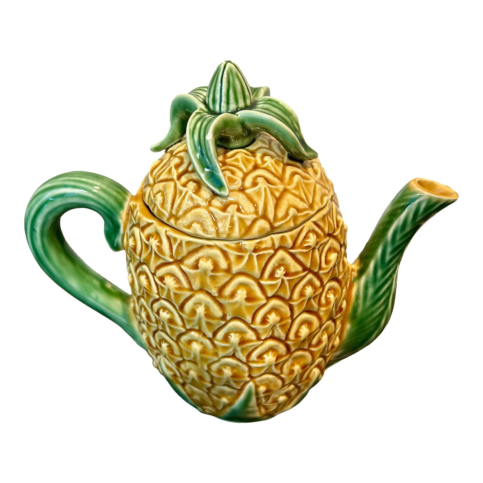Late 20th Century Bordallo Pinheiro Pineapple Teapot - Portuguese Majolica Earthenware, Yellow & Gre (1 of 14)