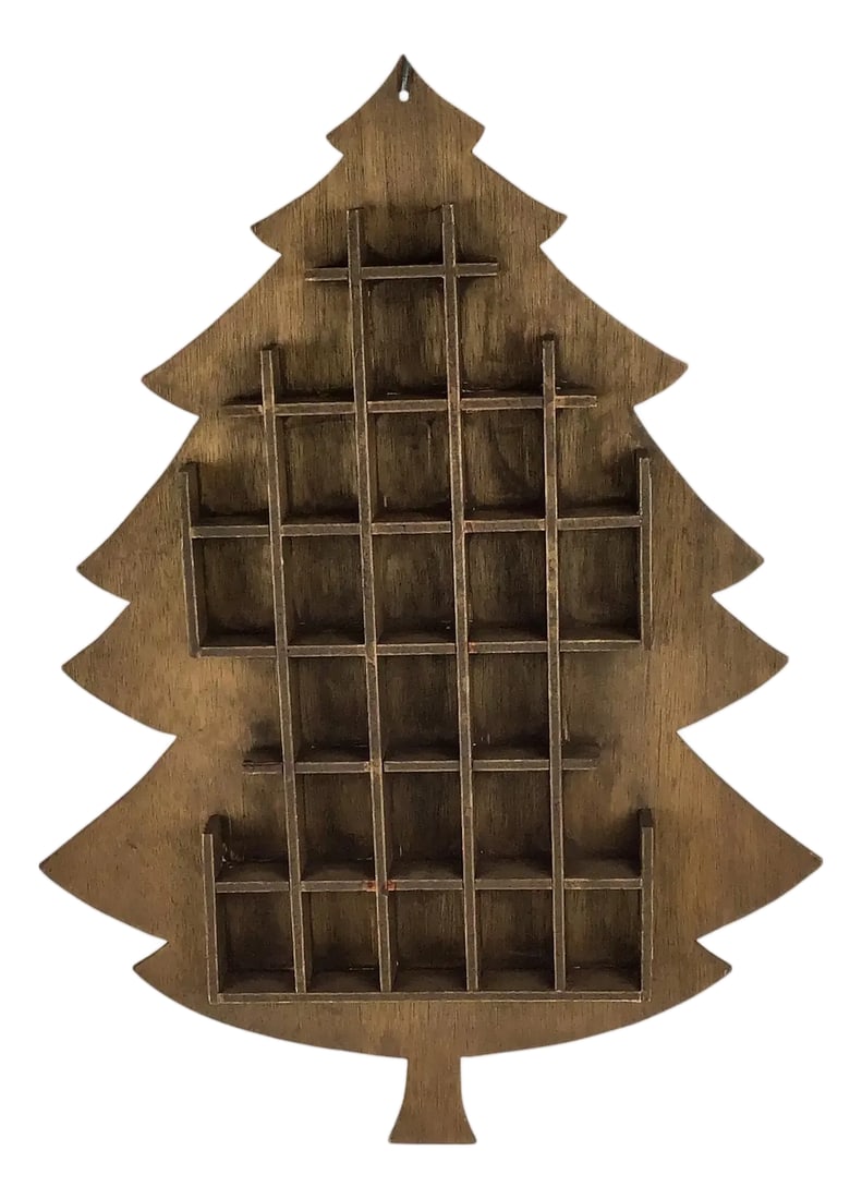 Hand Crafted Antique Wood Christmas Tree Wall Display for Miniatures: A really great way to display some miniature ornaments or figurines. We have not included hanging hardware but that's easily rectified. As shown, there is a hole at the top center in which you may