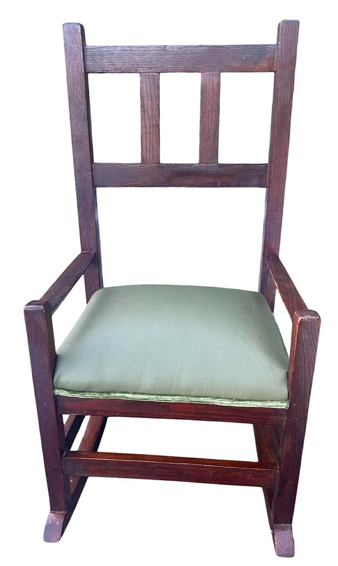 Antique Stickley Attributed Small Quarter Sawn Oak Rocking Chair With New Leather Seat Upholstery - - 2