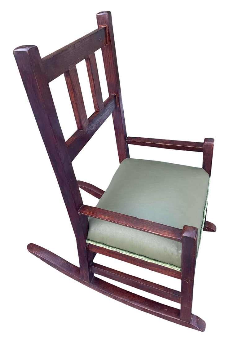 Antique Stickley Attributed Small Quarter Sawn Oak Rocking Chair With New Leather Seat Upholstery - - 3
