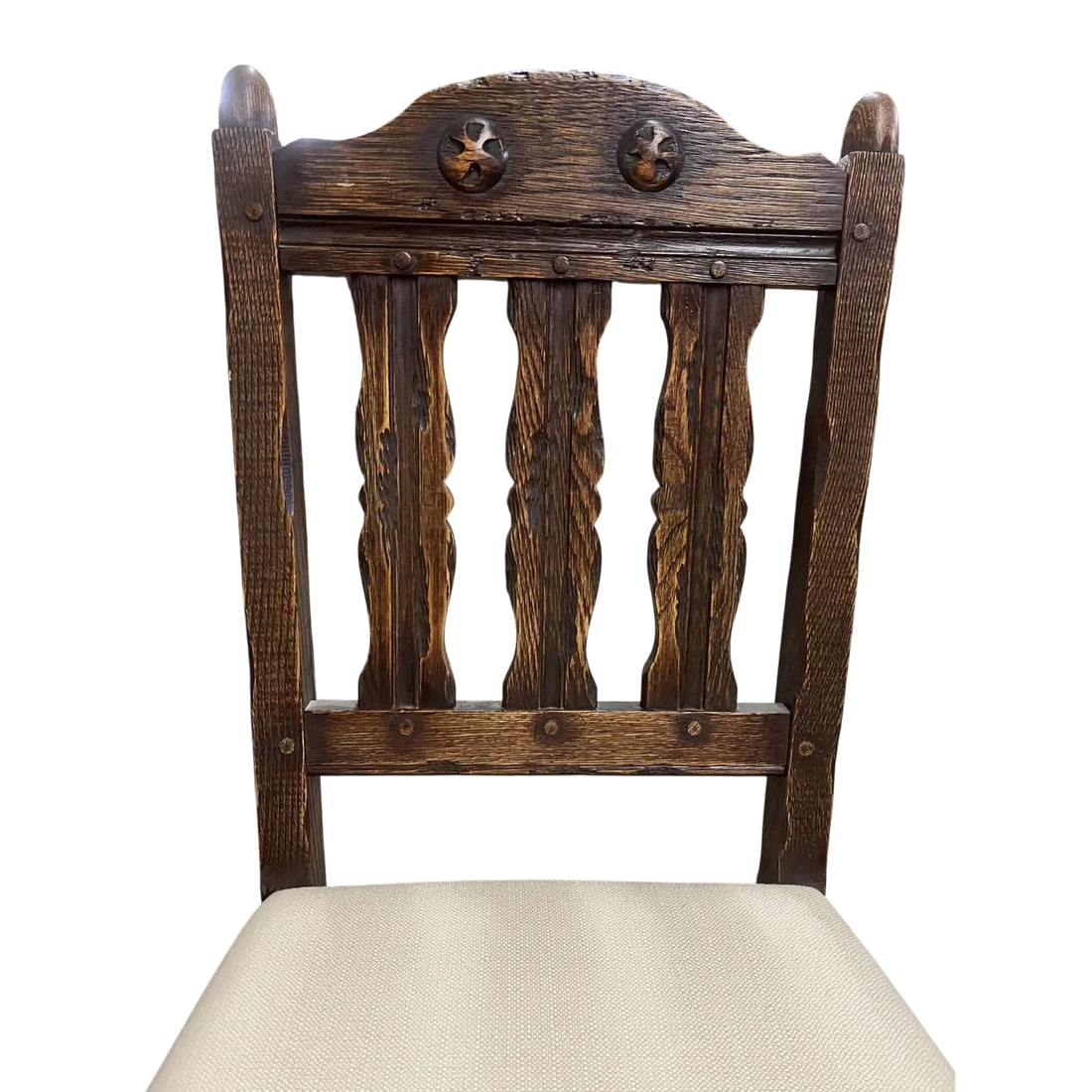 Antique Santa Fe Style Carved Oak Dining Chairs - Set of 4 - Attributed to Jamestown Feudal Oak Coll - 2
