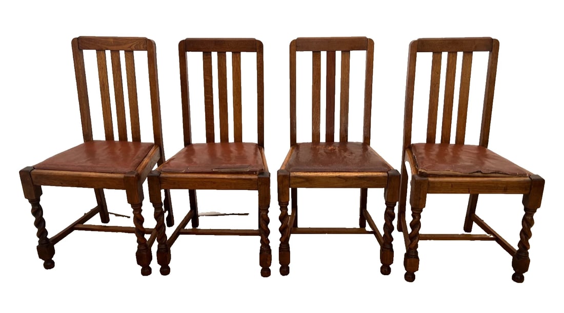 Antique Chairs Set of Four, Barley Twist Legs, Solid Oak, Brown Vinyl Seats - 2