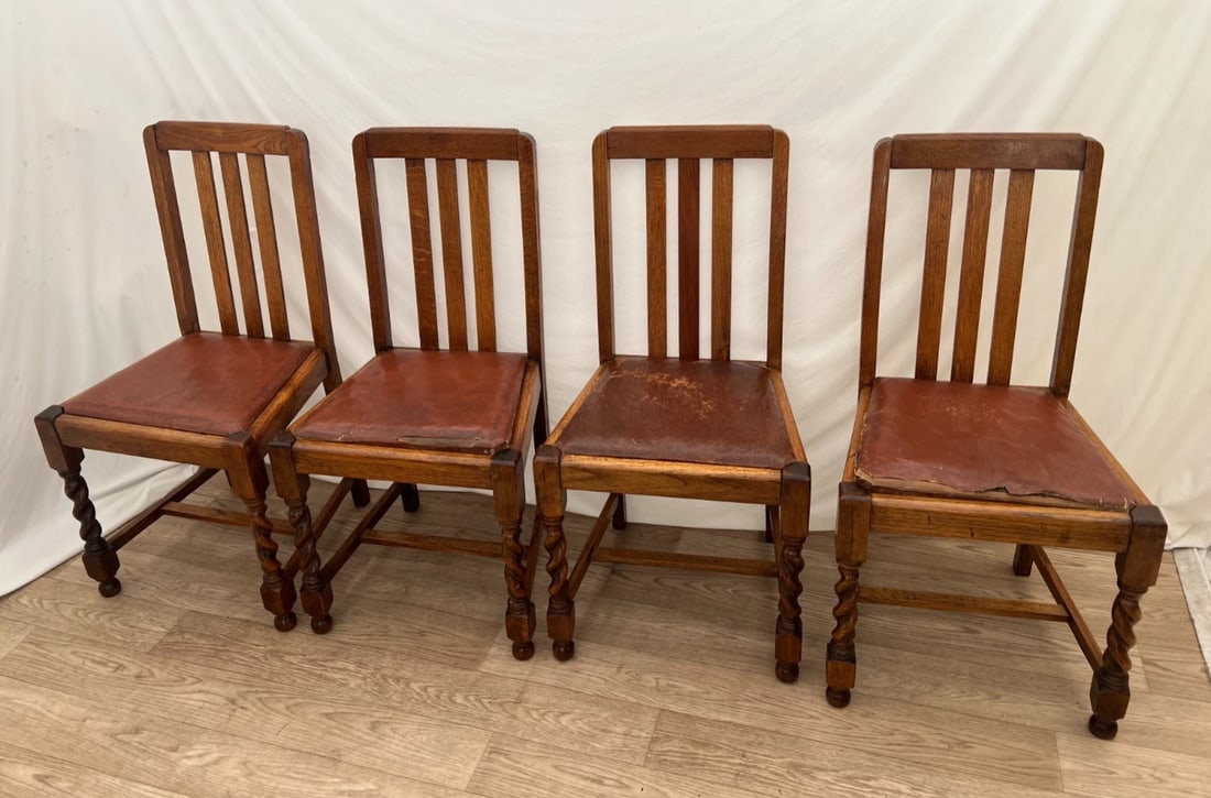 Antique Chairs Set of Four, Barley Twist Legs, Solid Oak, Brown Vinyl Seats - 3