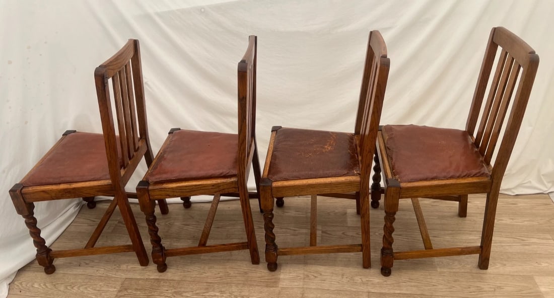 Antique Chairs Set of Four, Barley Twist Legs, Solid Oak, Brown Vinyl Seats - 4