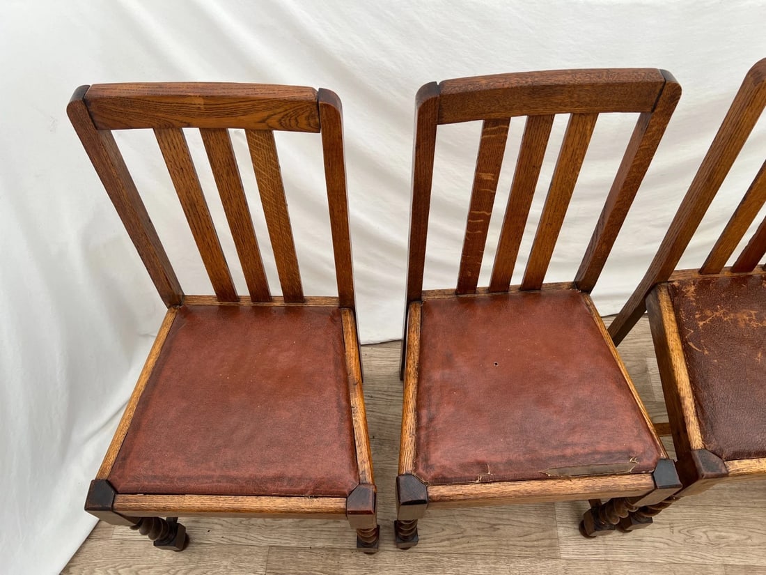 Antique Chairs Set of Four, Barley Twist Legs, Solid Oak, Brown Vinyl Seats - 7