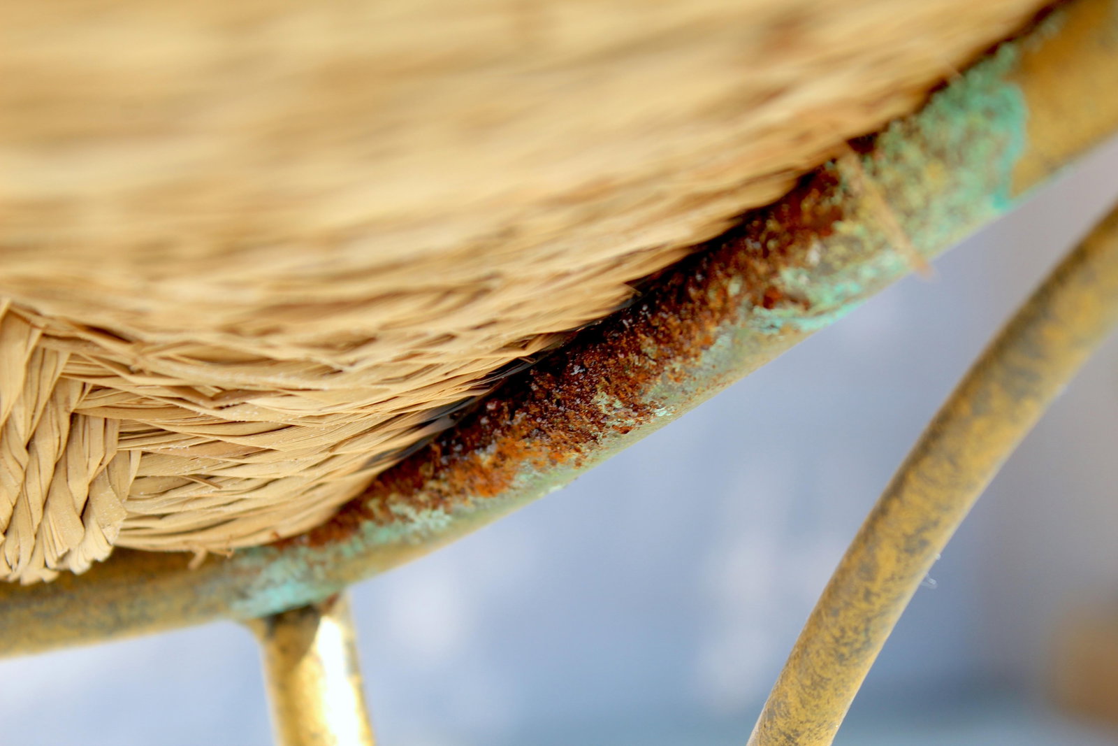Vintage Gold Tone Cast Iron Bar Stools With Woven Rush Seats & Geometric Oval Backs - Set of 2 - 16