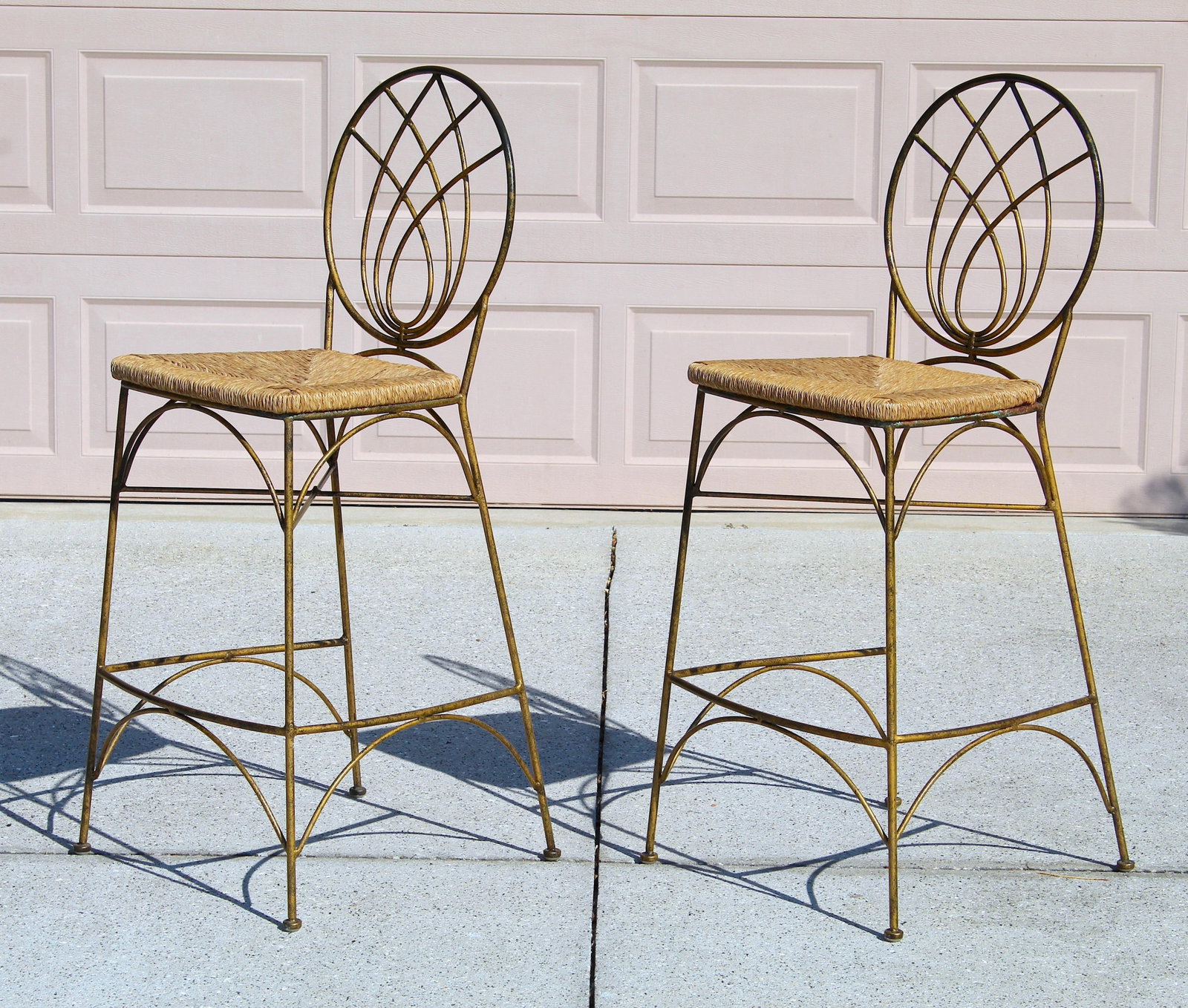 Vintage Gold Tone Cast Iron Bar Stools With Woven Rush Seats & Geometric Oval Backs - Set of 2 - 2