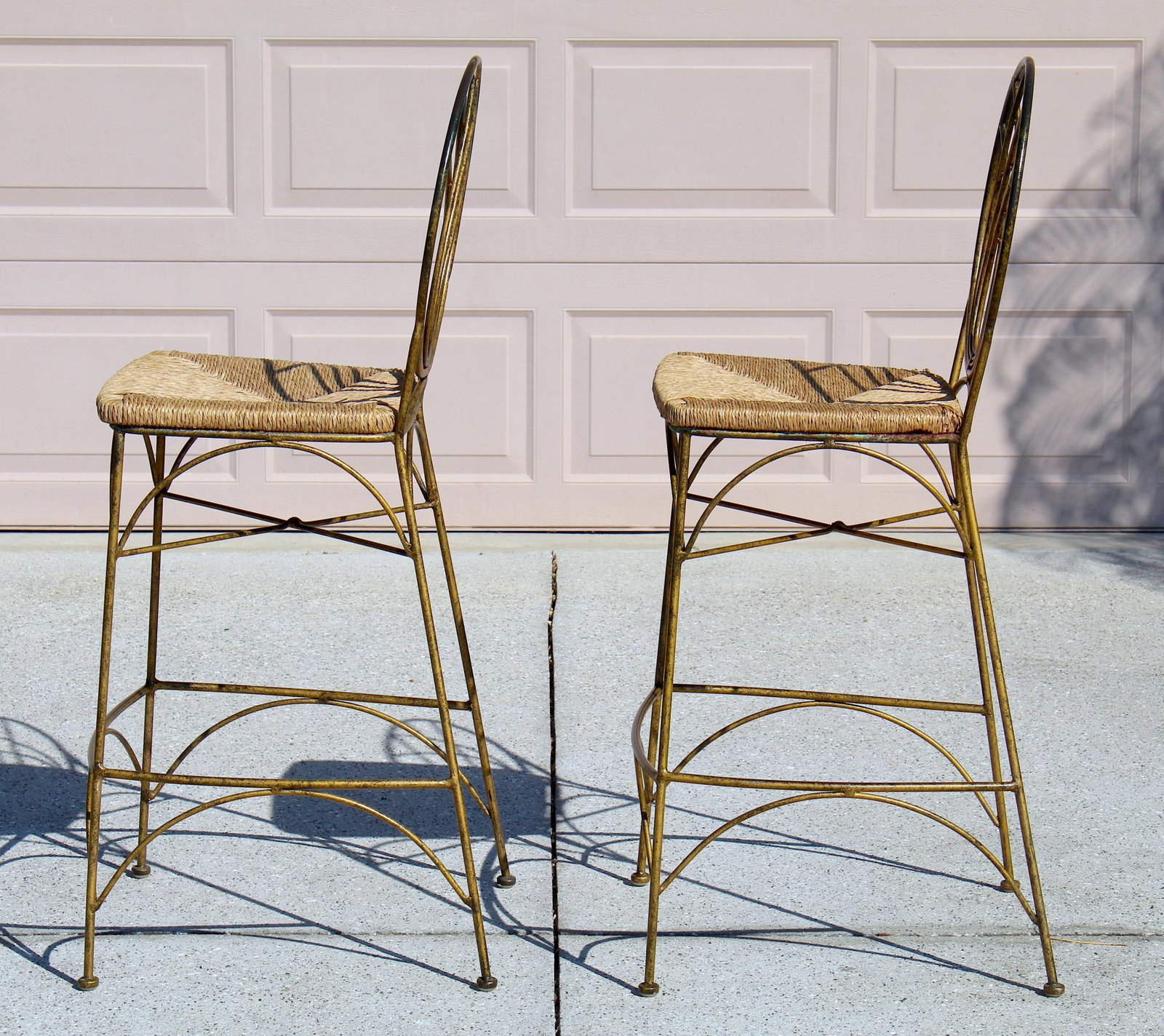 Vintage Gold Tone Cast Iron Bar Stools With Woven Rush Seats & Geometric Oval Backs - Set of 2 - 3